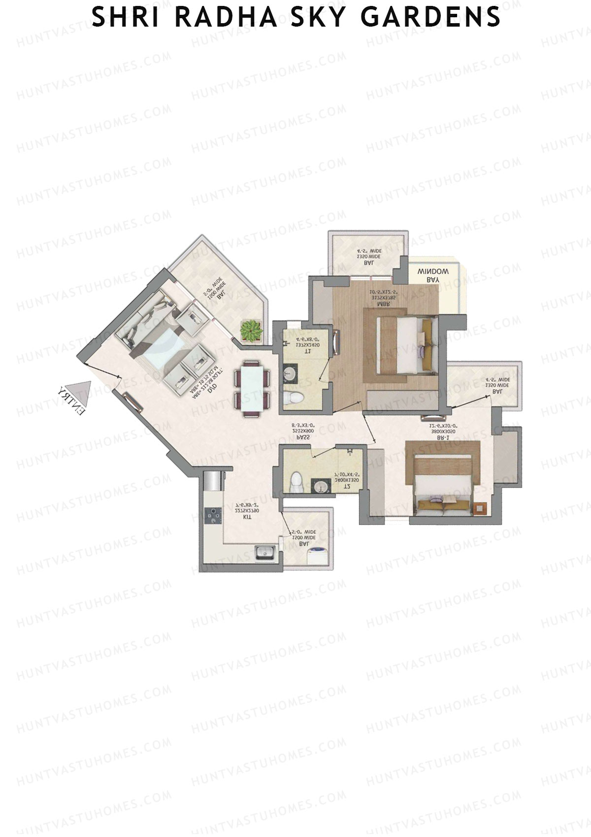 Shri Radha Sky Gardens, Tower 16, Unit 5 (Type 3), 2BHK, Super Area 1200   sq ft 