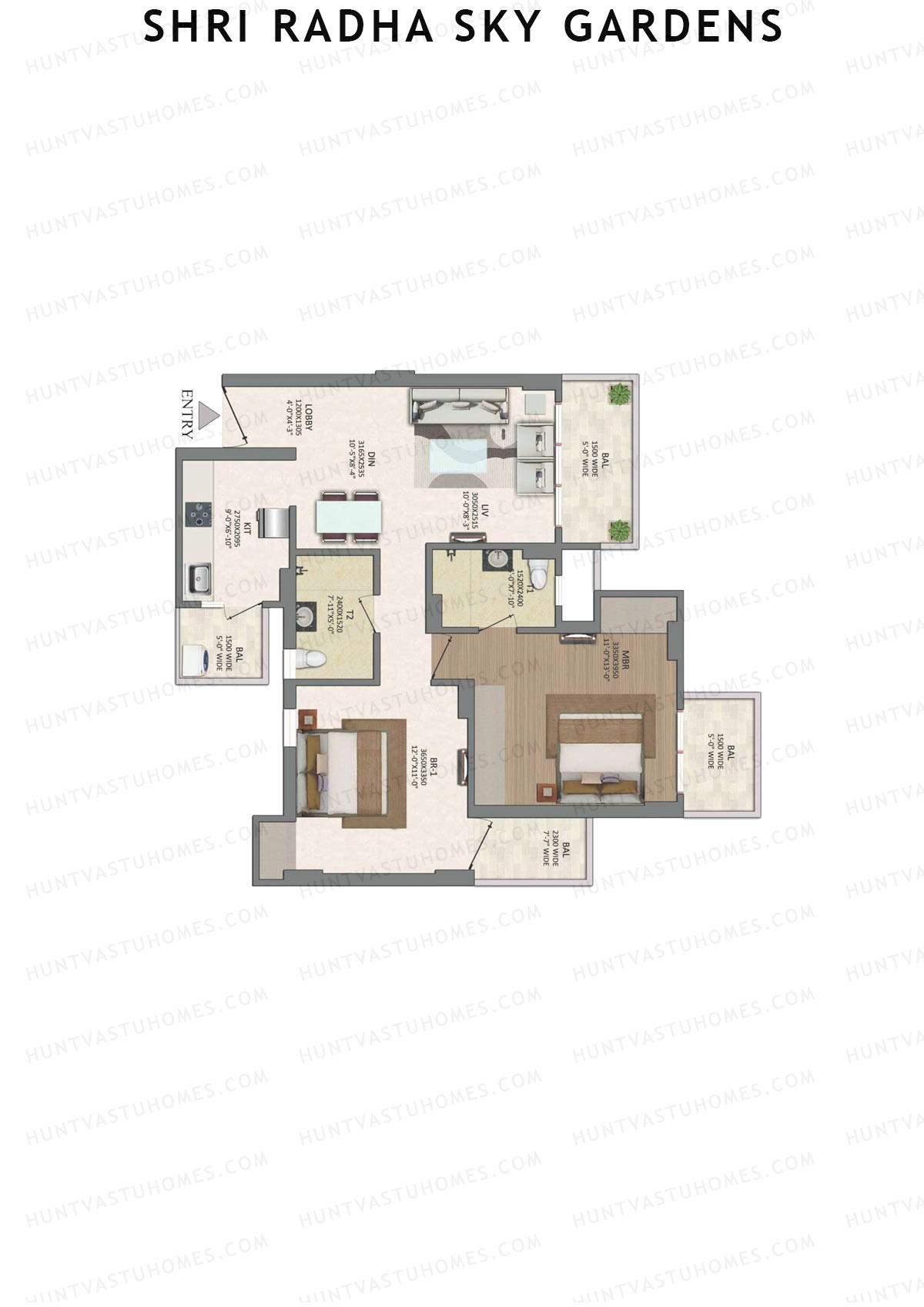 Shri Radha Sky Gardens, Tower 19, Unit 1 (Type B), 2BHK, Super Area 1182   sq ft 