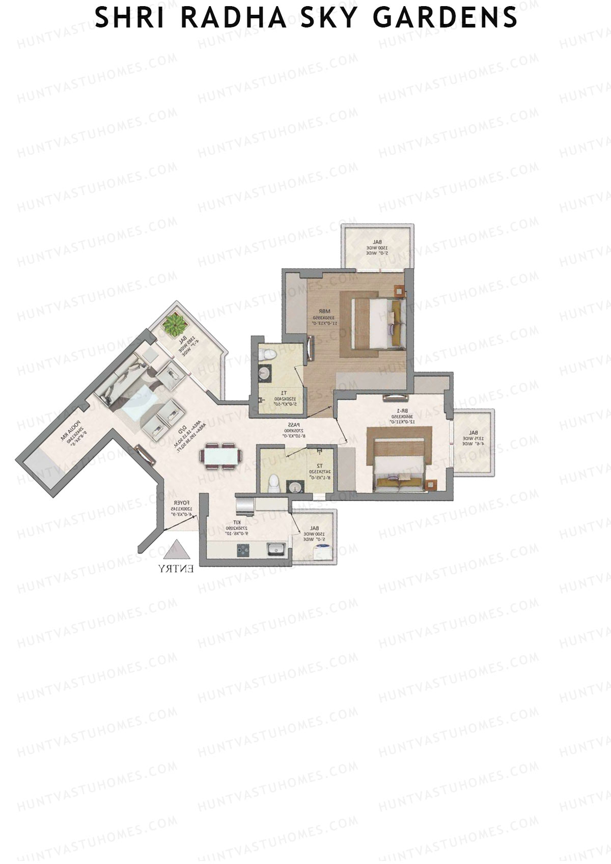 Shri Radha Sky Gardens, Tower 19, Unit 5 (Type C), 2BHK, Super Area 1286   sq ft 