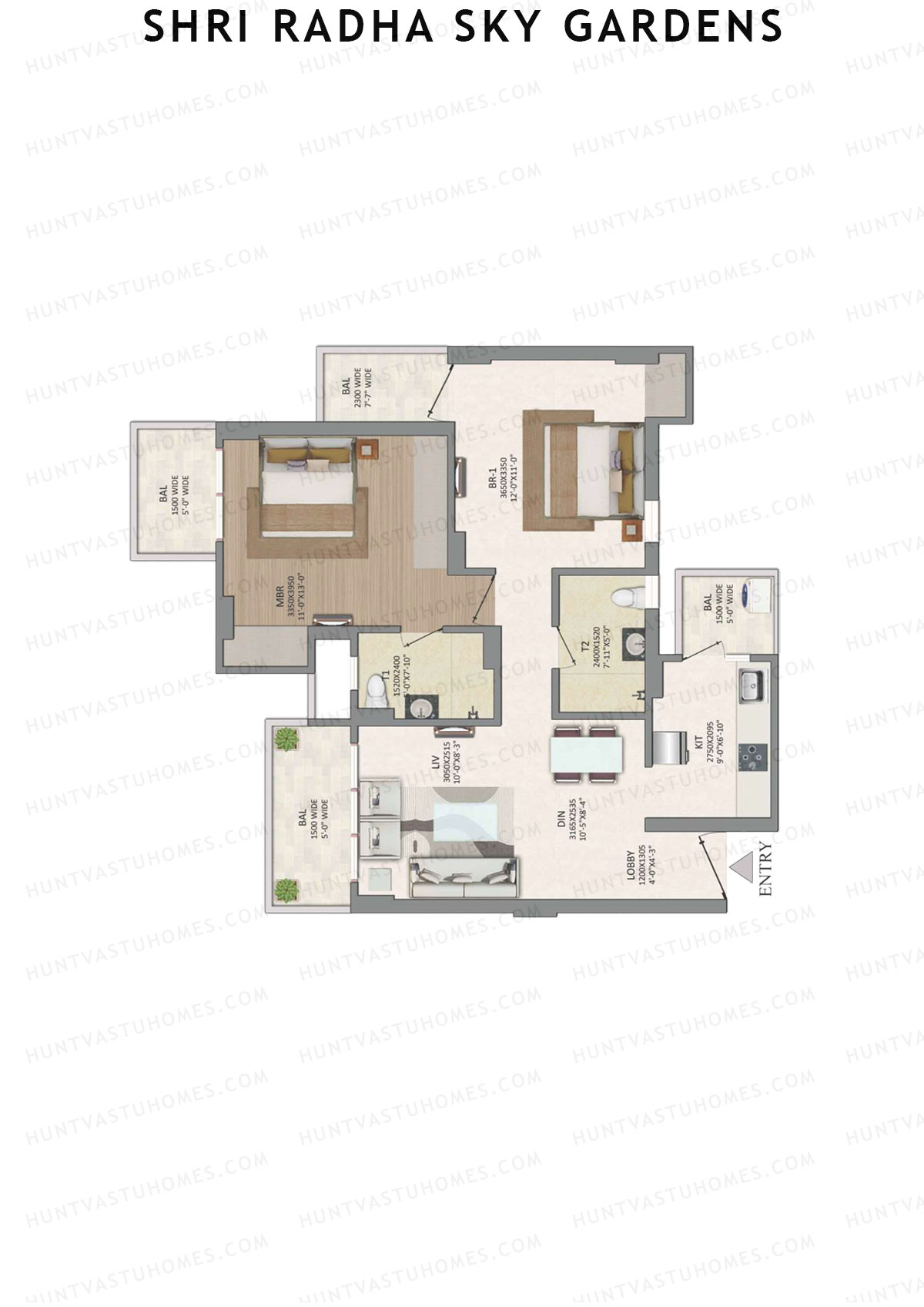 Shri Radha Sky Gardens, Tower 20, Unit 3 (Type B), 2BHK, Super Area 1465   sq ft 