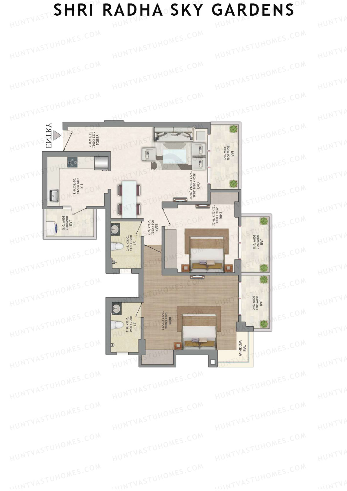 Shri Radha Sky Gardens, Tower 2, Unit 1 (Type 6), 2BHK, Super Area 1370   sq ft 