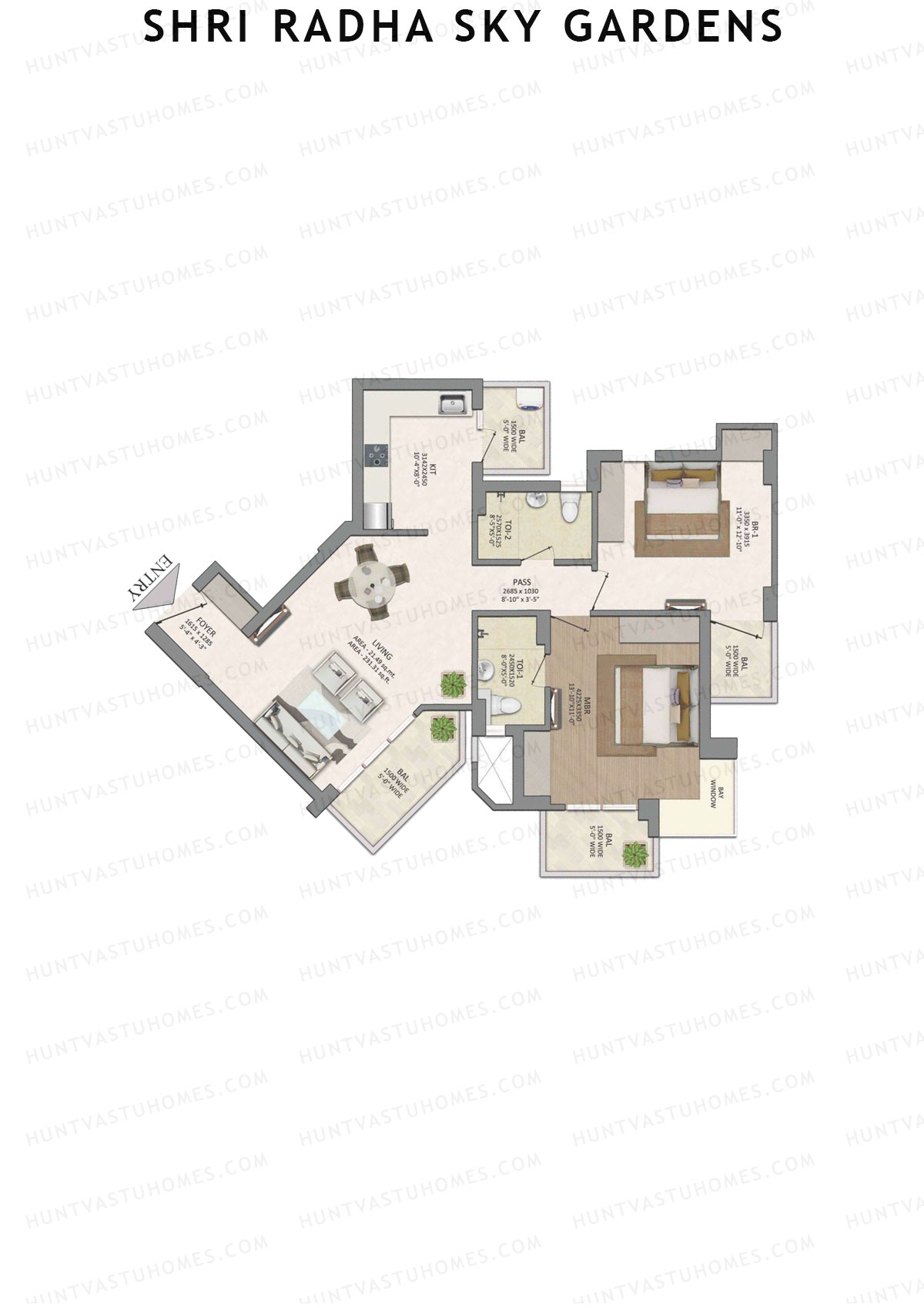Shri Radha Sky Gardens, Tower 2, Unit 2 (Type 1), 2BHK, Super Area 1370   sq ft 