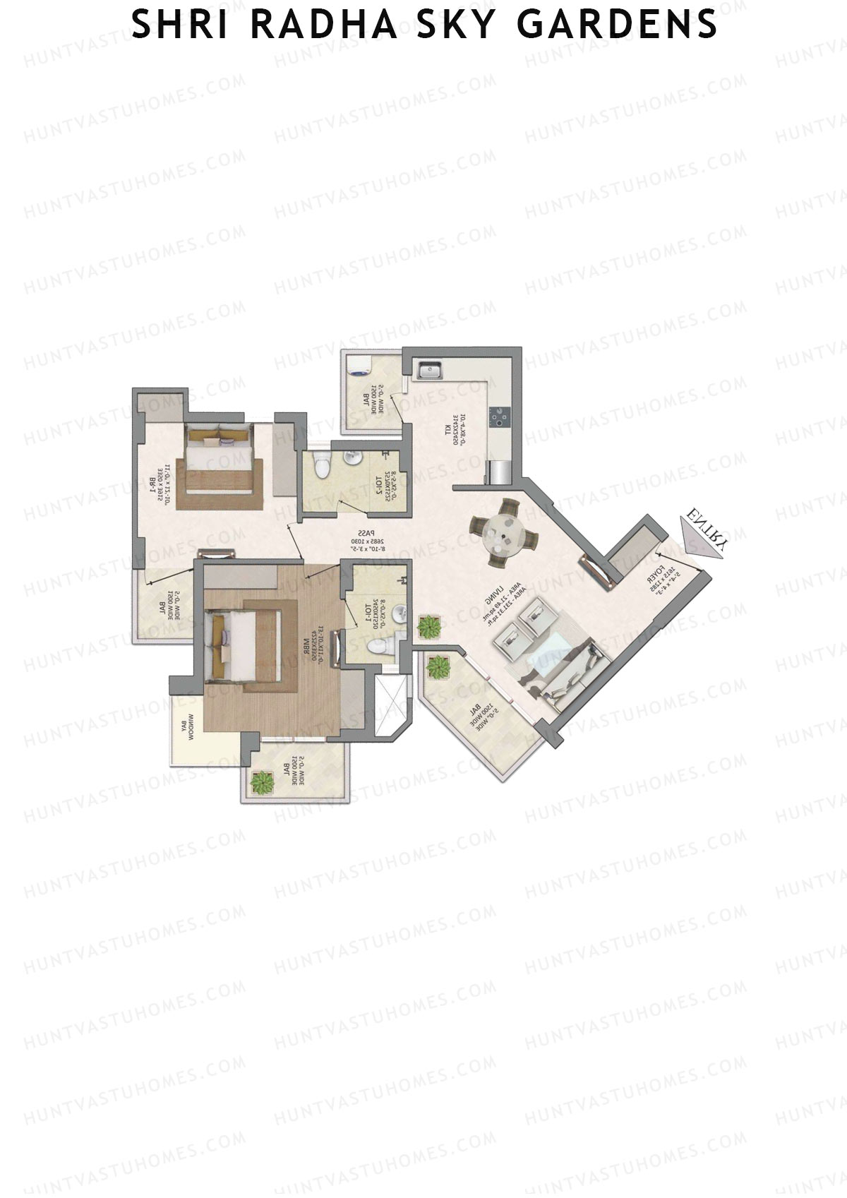 Shri Radha Sky Gardens, Tower 2, Unit 3 (Type 1), 2BHK, Super Area 1370   sq ft 