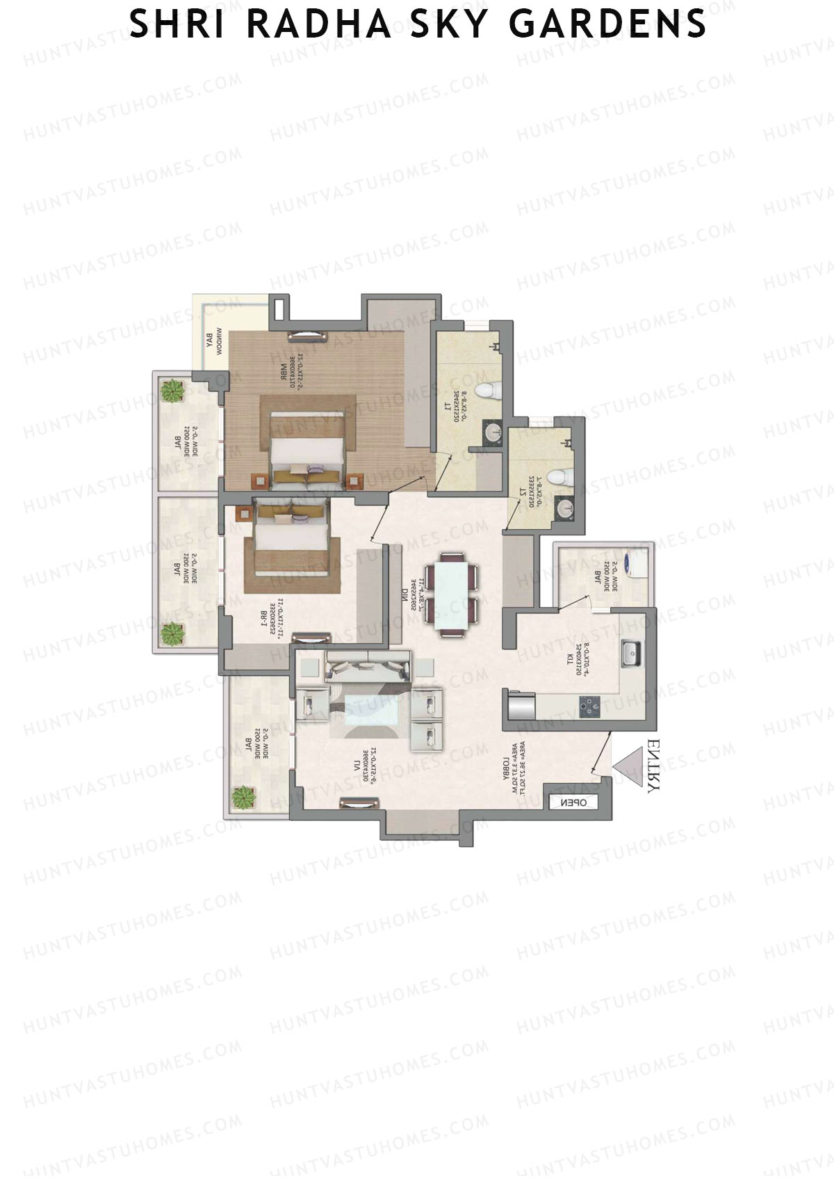 Shri Radha Sky Gardens, Tower 2, Unit 5 (Type 2), 2BHK, Super Area 1535   sq ft 
