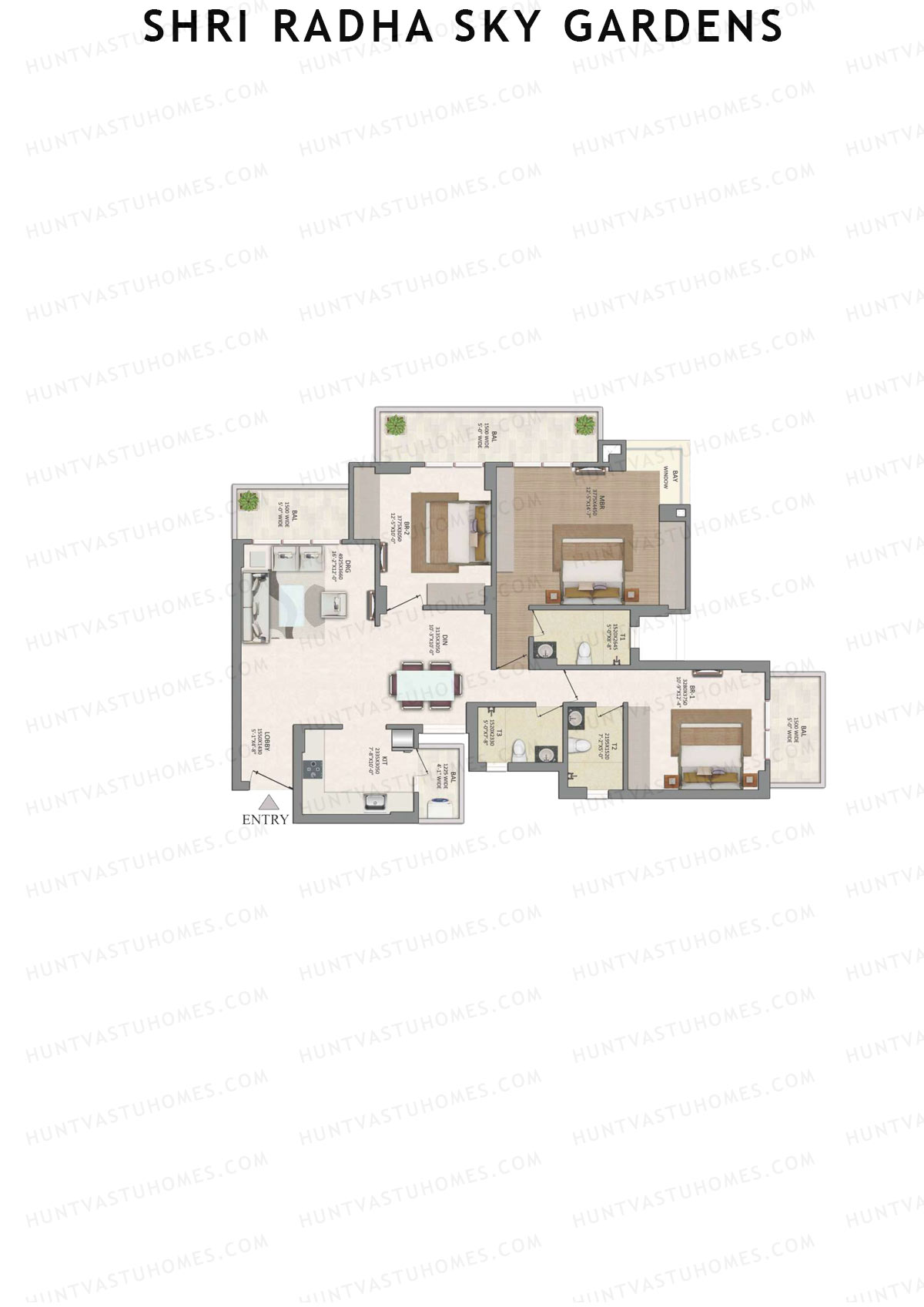 Shri Radha Sky Gardens, Tower 3, Unit 1 (Type 8), 3BHK, Super Area 1874   sq ft 