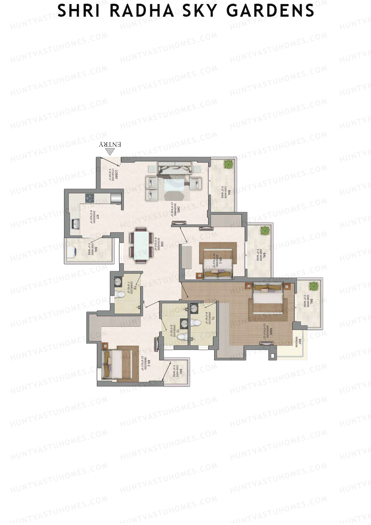 Shri Radha Sky Gardens, Tower 3, Unit 2 (Type 9), 3BHK, Super Area 1874   sq ft 