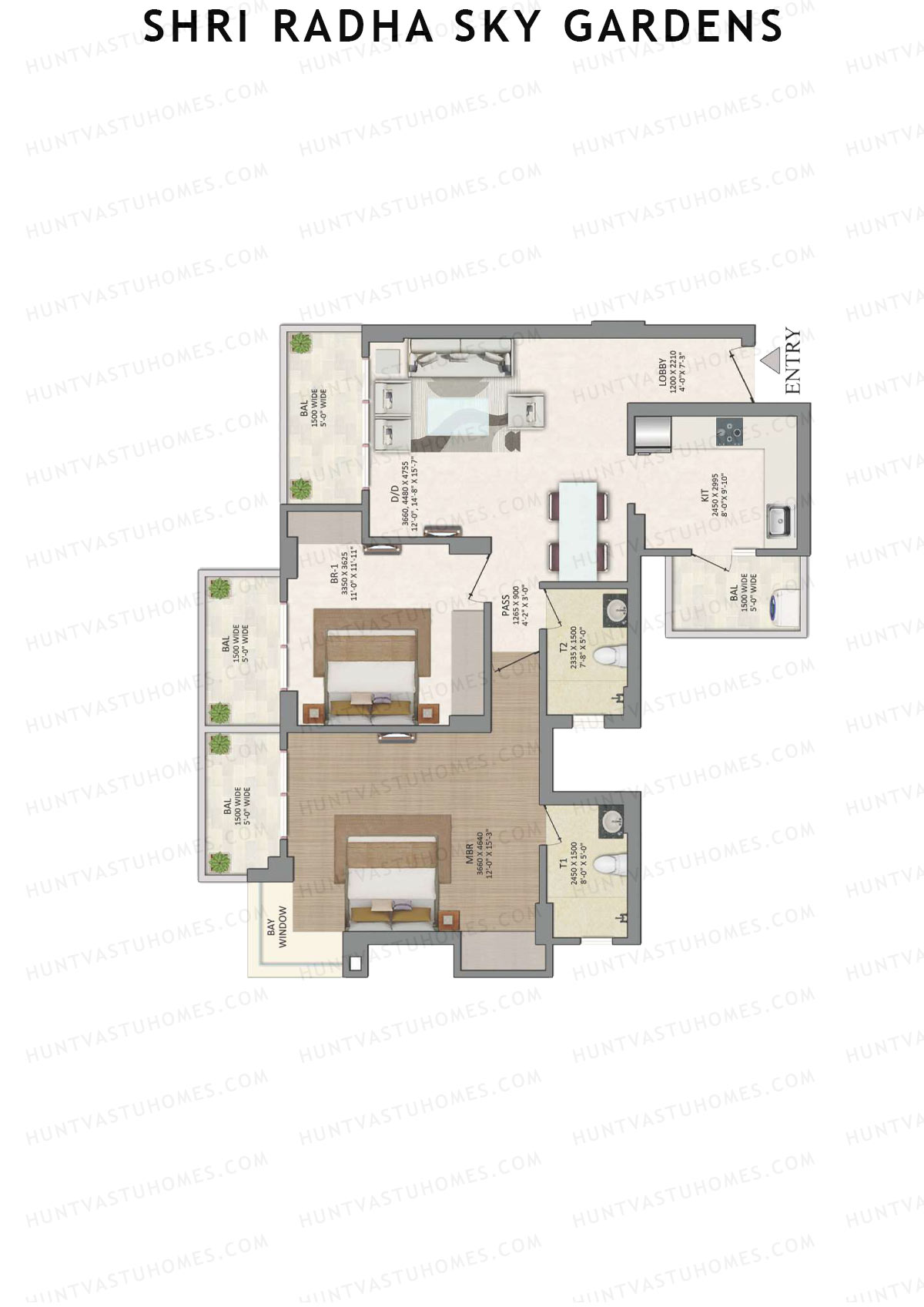 Shri Radha Sky Gardens, Tower 3, Unit 3 (Type 6), 2BHK, Super Area 1370   sq ft 