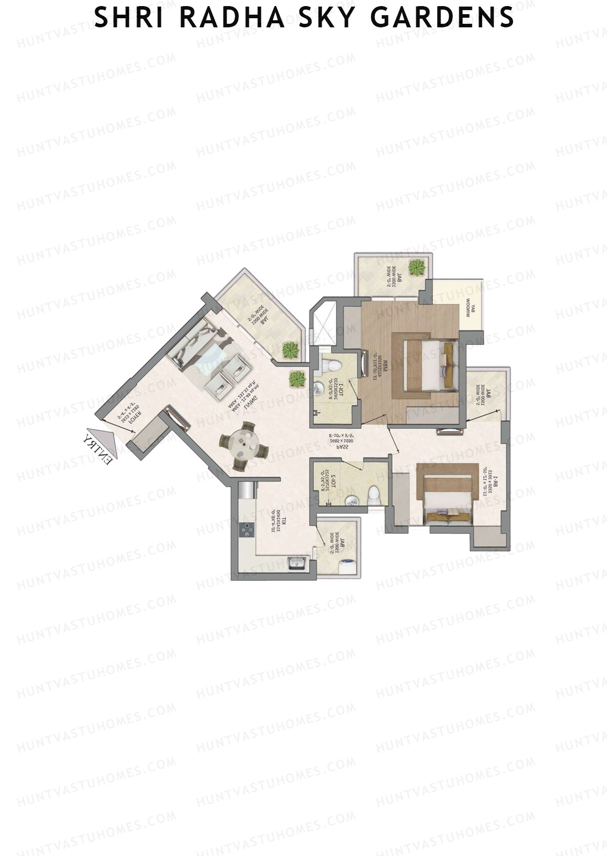 Shri Radha Sky Gardens, Tower 4, Unit 1 (Type 1), 2BHK, Super Area 1370   sq ft 
