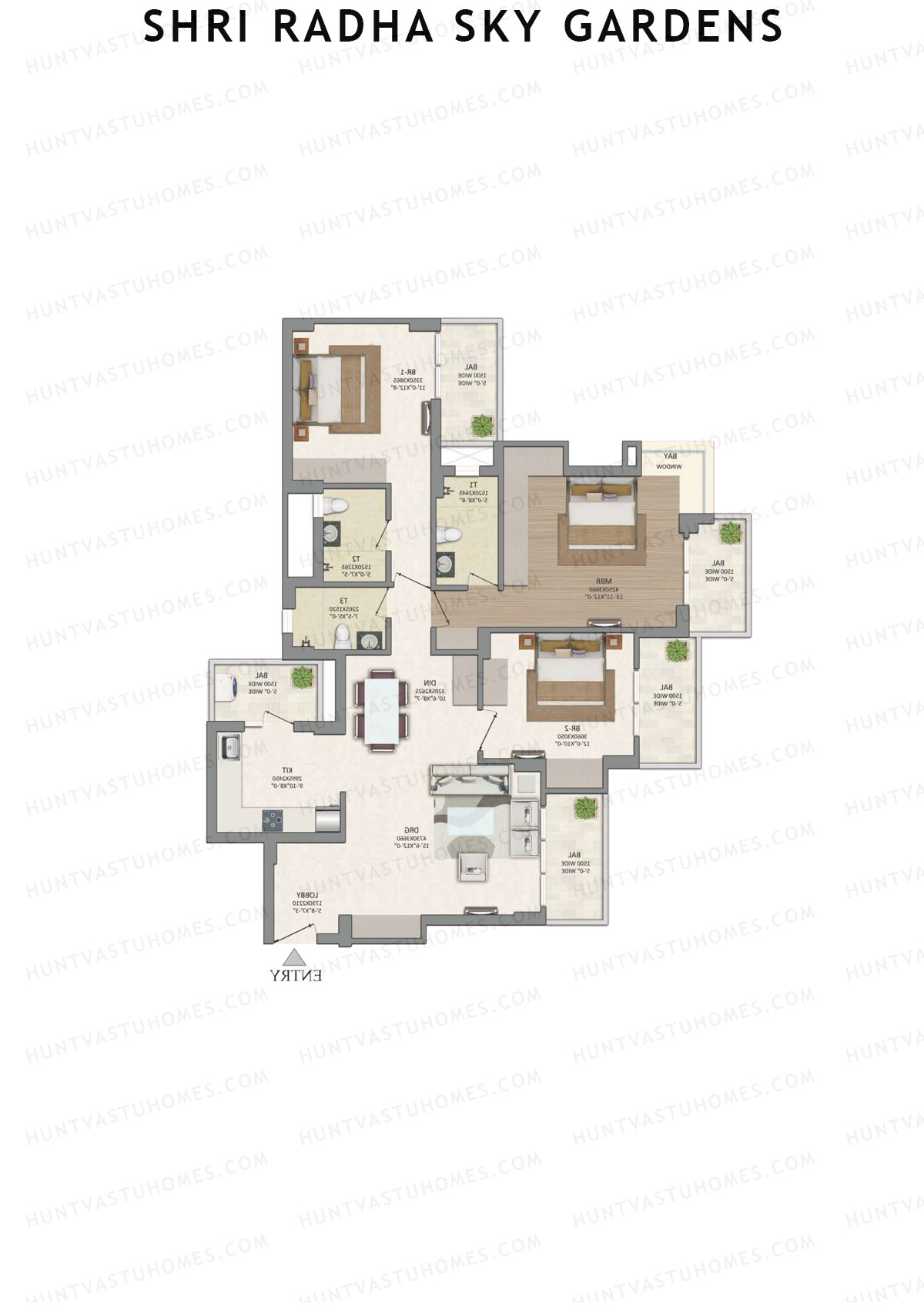 Shri Radha Sky Gardens, Tower 4, Unit 2 (Type 6), 3BHK, Super Area 1874   sq ft 