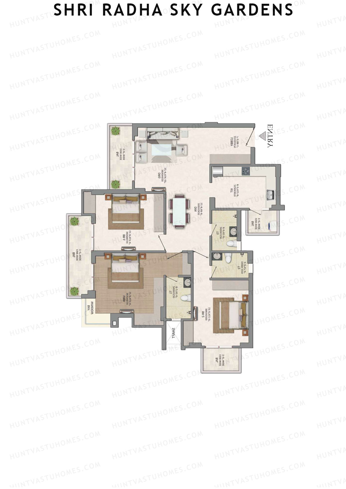Shri Radha Sky Gardens, Tower 4, Unit 4 (Type 1C), 3BHK, Super Area 1940   sq ft 