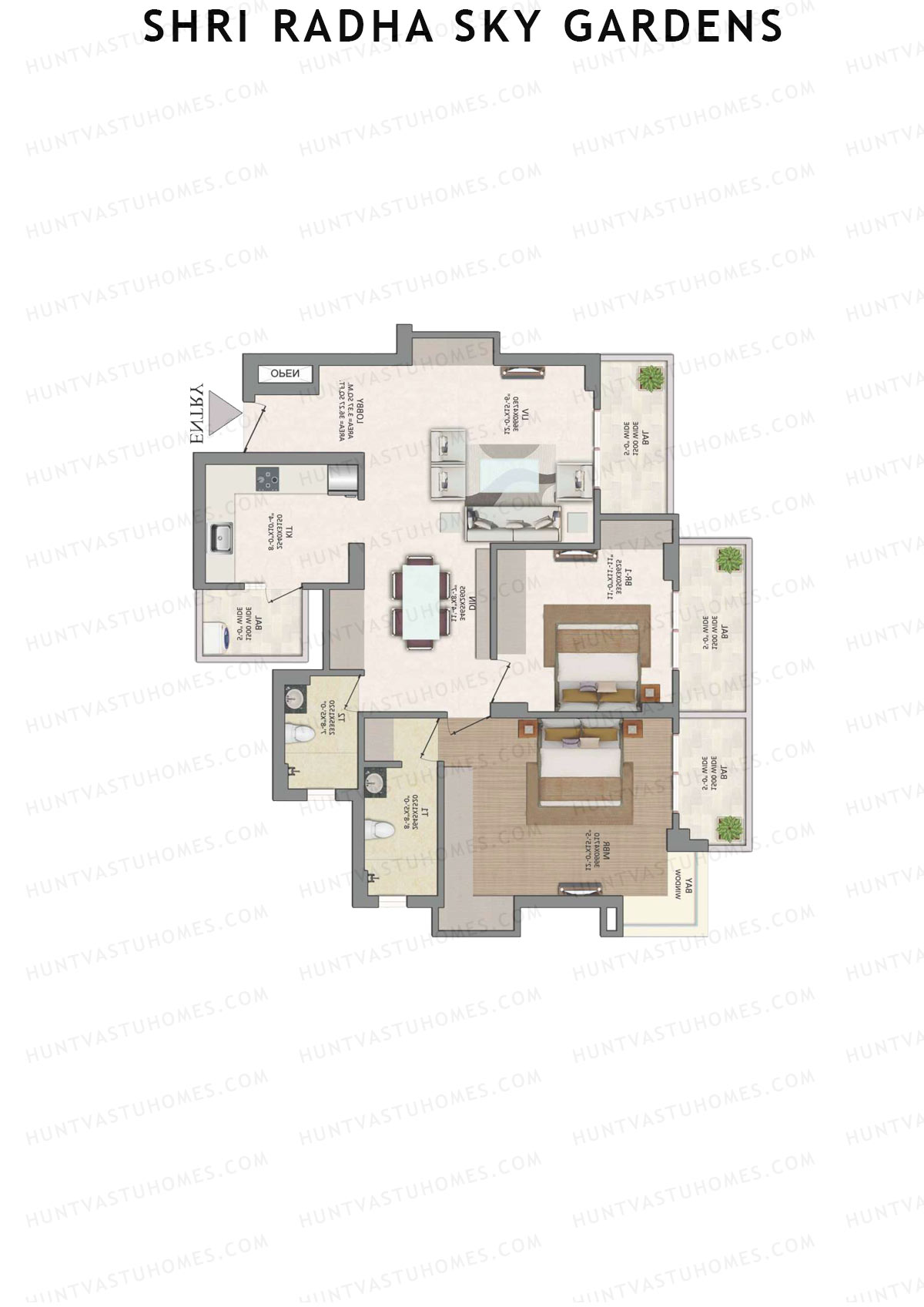 Shri Radha Sky Gardens, Tower 5, Unit 4 (Type 2), 2BHK, Super Area 1535   sq ft 