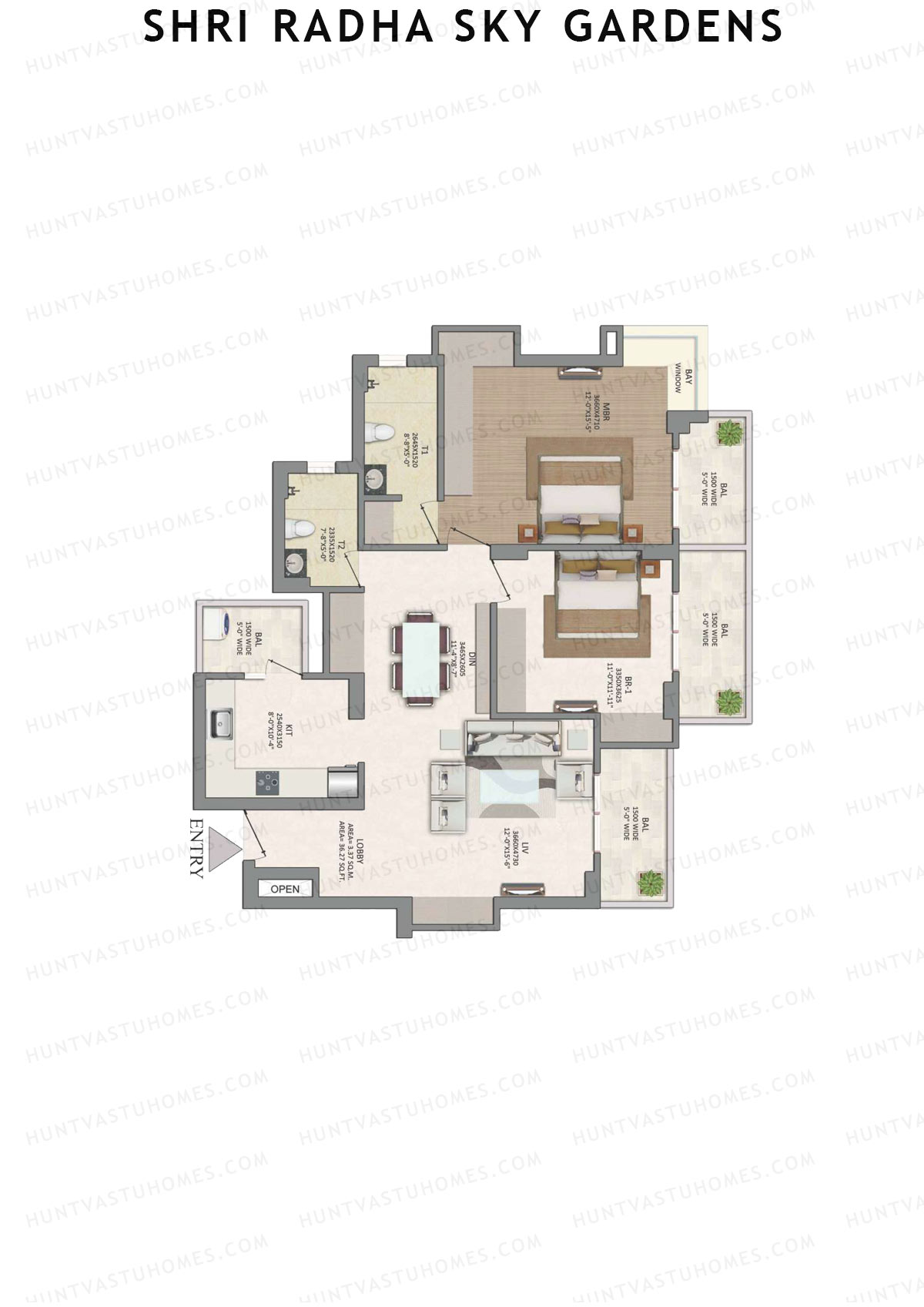 Shri Radha Sky Gardens, Tower 5, Unit 5 (Type 2), 2BHK, Super Area 1535   sq ft 