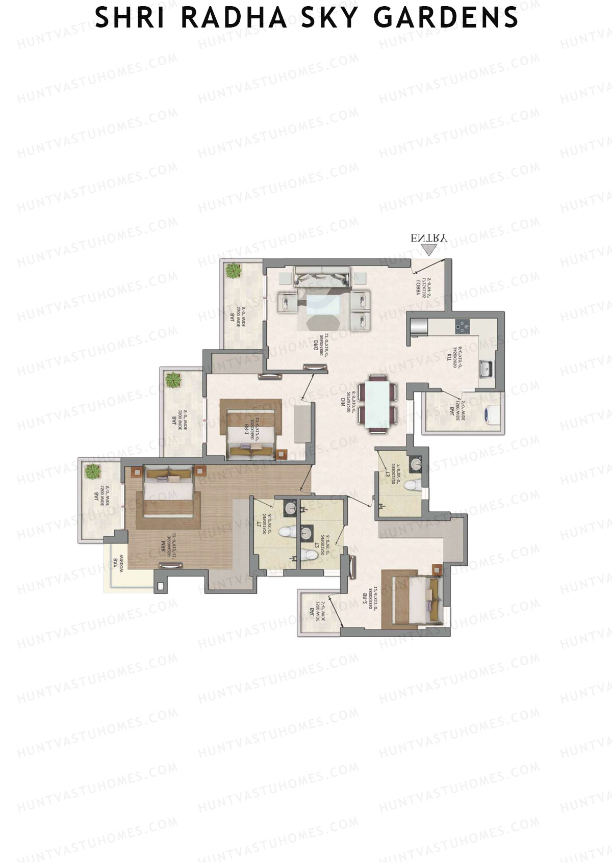 Shri Radha Sky Gardens, Tower 6, Unit 2 (Type 9), 3BHK, Super Area 1874   sq ft 