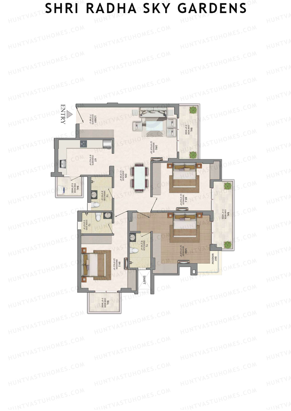 Shri Radha Sky Gardens, Tower 7, Unit 3 (Type 1C), 3BHK, Super Area 1940   sq ft 