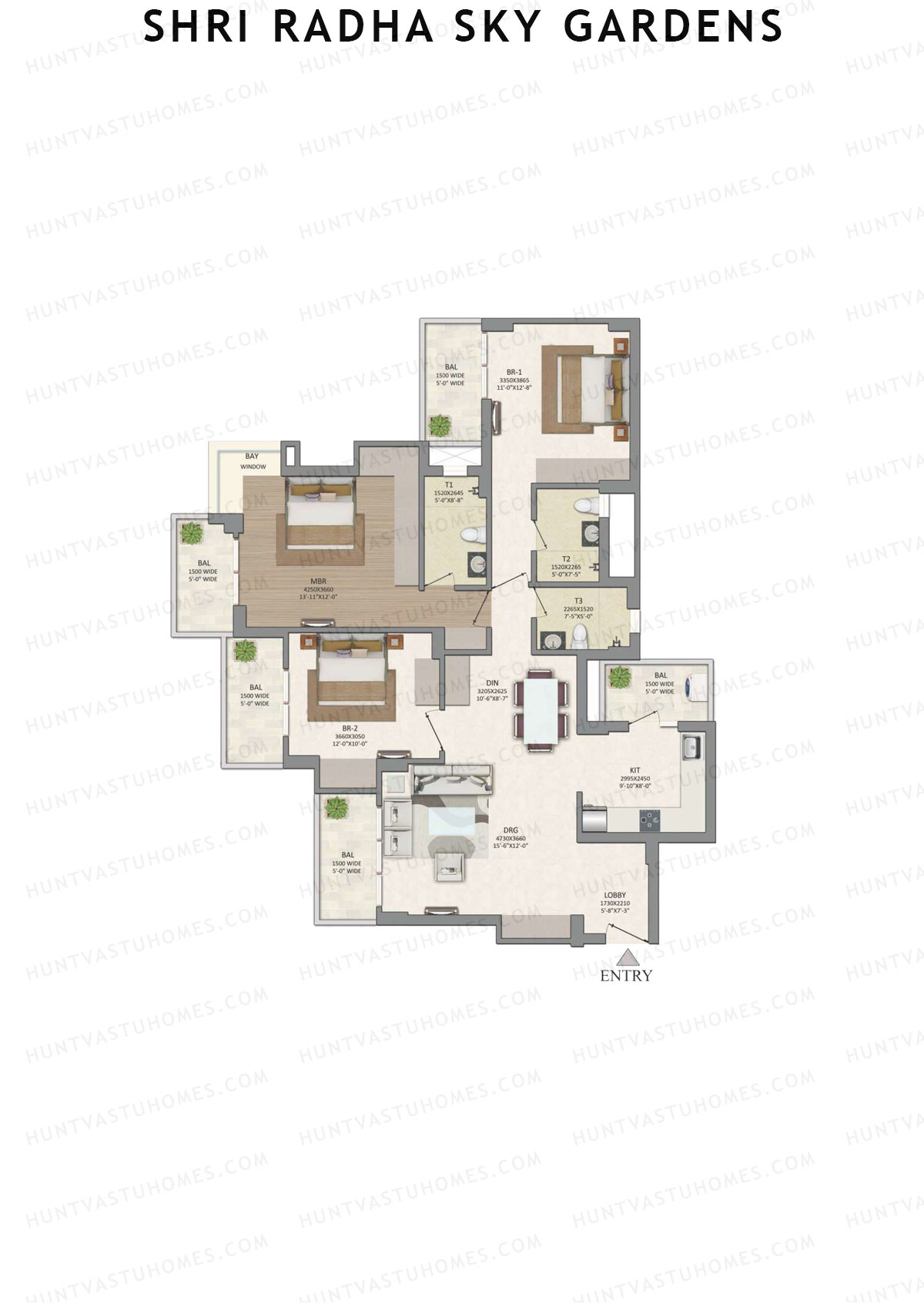 Shri Radha Sky Gardens, Tower 7, Unit 5 (Type 6), 3BHK, Super Area 1874   sq ft 