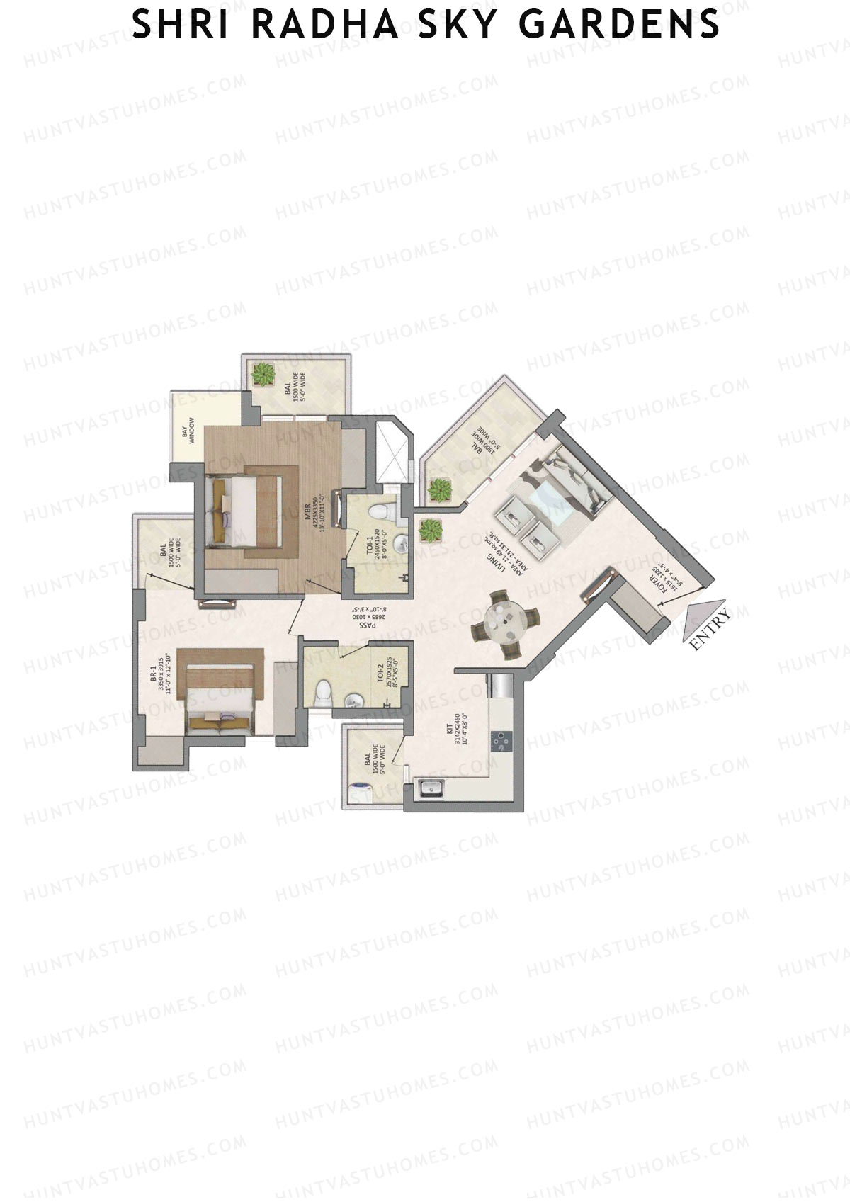 Shri Radha Sky Gardens, Tower 7, Unit 6 (Type 1), 2BHK, Super Area 1370   sq ft 