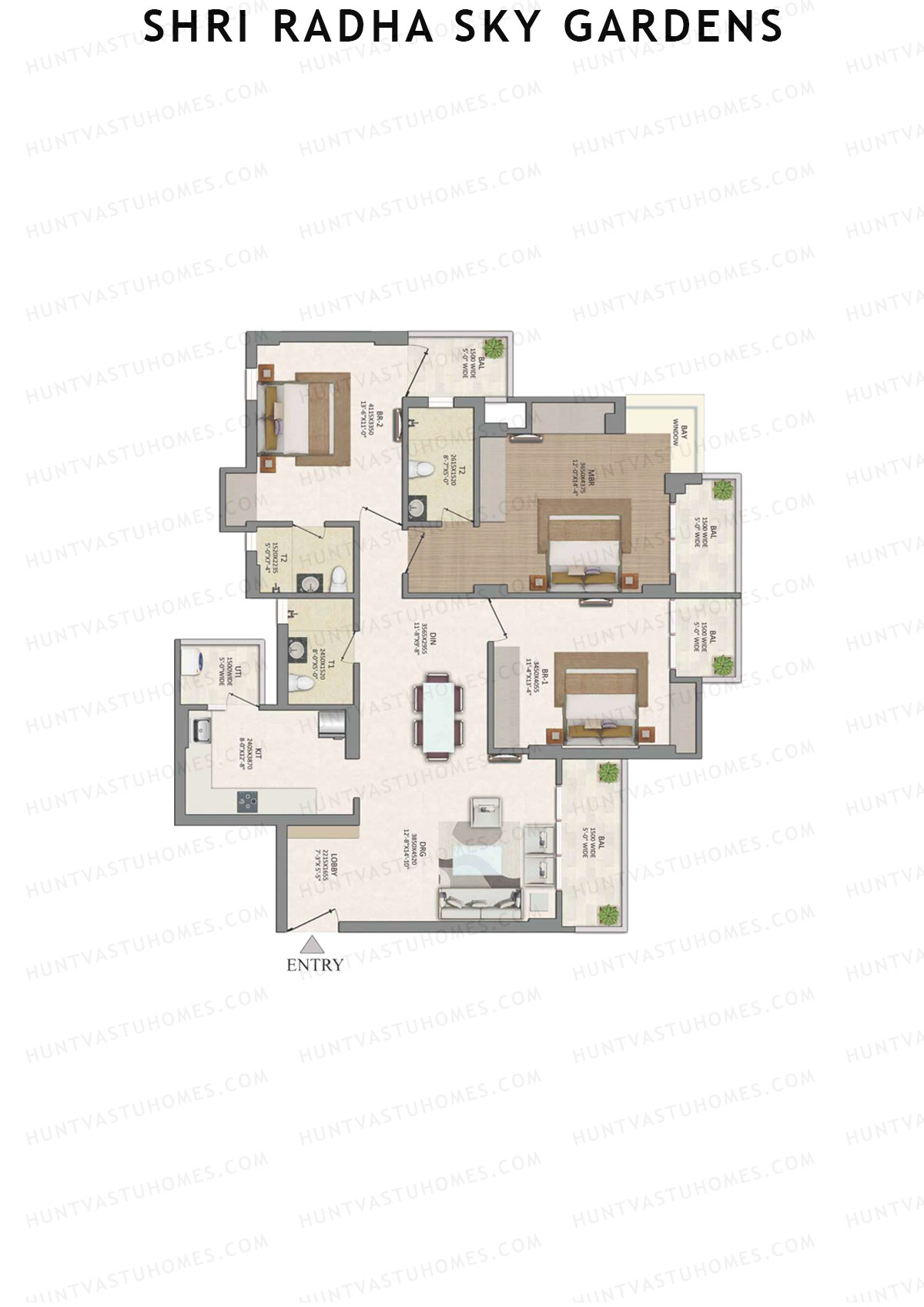 Shri Radha Sky Gardens, Tower 8, Unit 1 (Type 1B), 3BHK, Super Area 1940   sq ft 