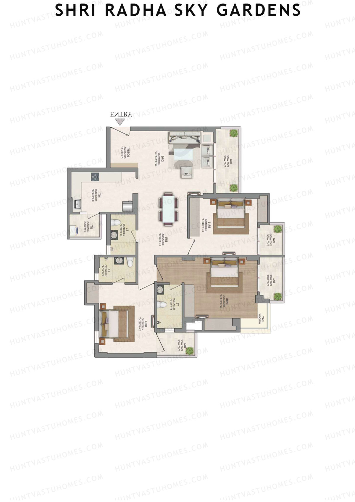 Shri Radha Sky Gardens, Tower 8, Unit 2 (Type 1B), 3BHK, Super Area 1940   sq ft 