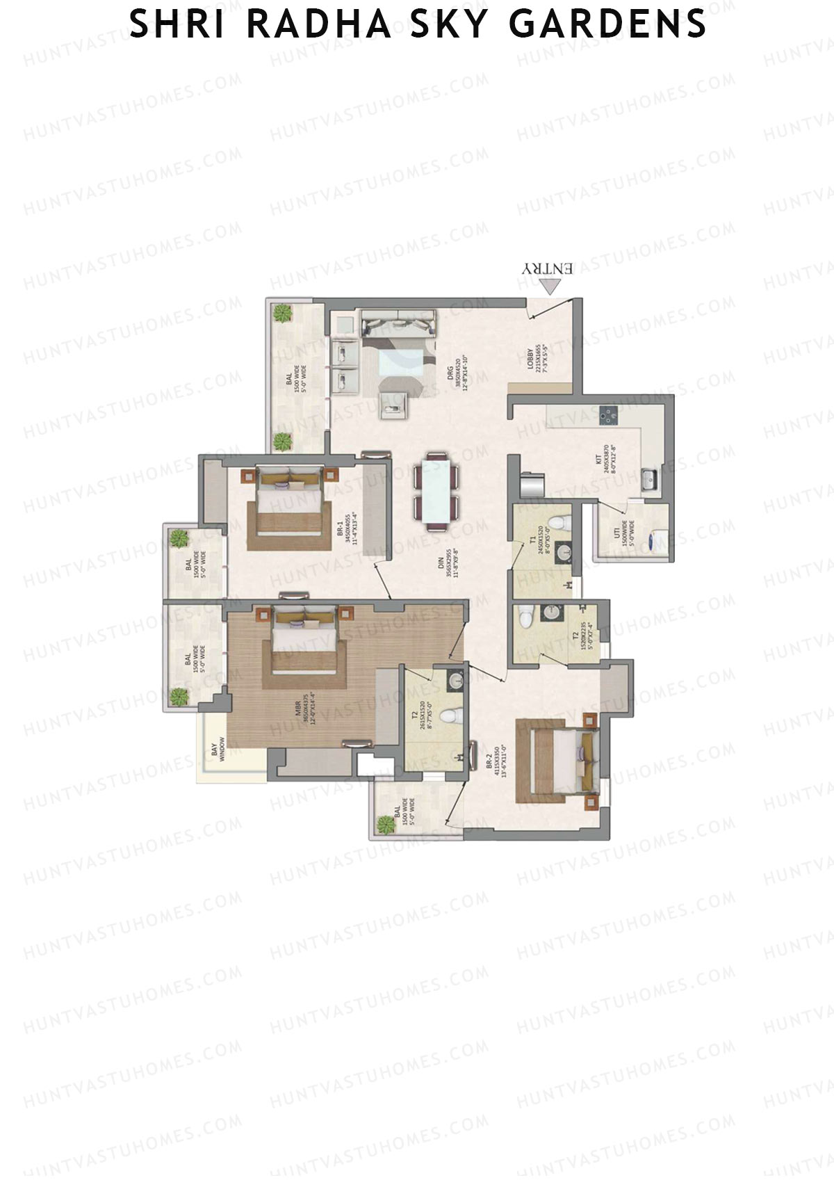 Shri Radha Sky Gardens, Tower 8, Unit 3 (Type 1B), 3BHK, Super Area 1940   sq ft 