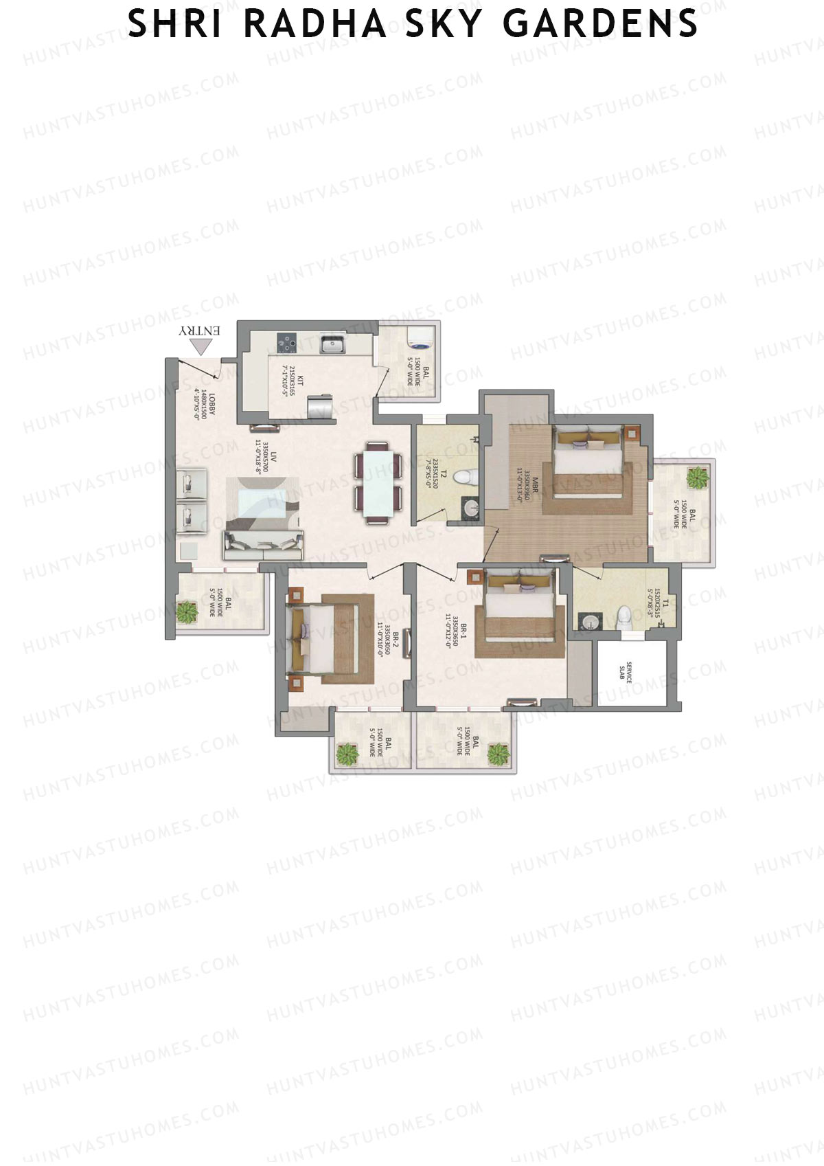 Shri Radha Sky Gardens, Tower 9, Unit 1 (Type A), 3BHK, Super Area 1465   sq ft 