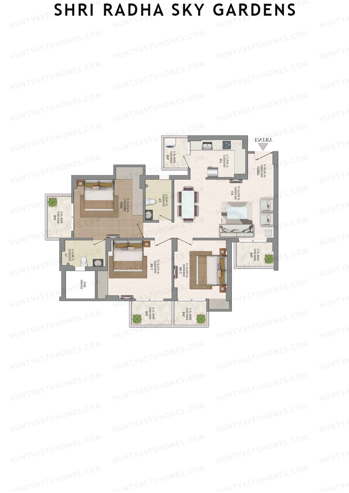 Shri Radha Sky Gardens, Tower 9, Unit 2 (Type A), 3BHK, Super Area 1465   sq ft 