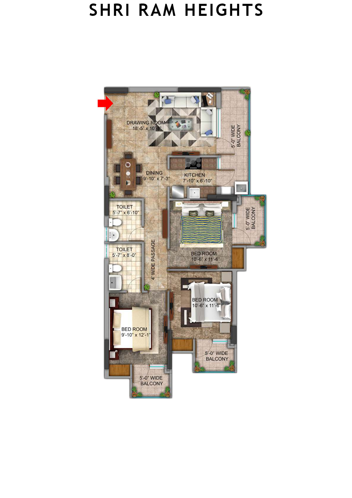 Shri Ram Heights Tower 1 Unit 14 (Type  1) Floor Plan