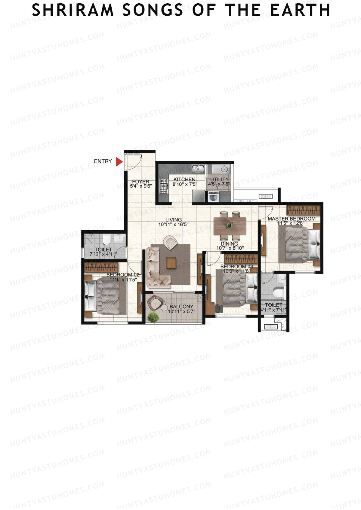 Shriram Songs of the Earth, Tower 1, Unit 2 (Type 1), 3BHK, Super Area 1465   sq ft 