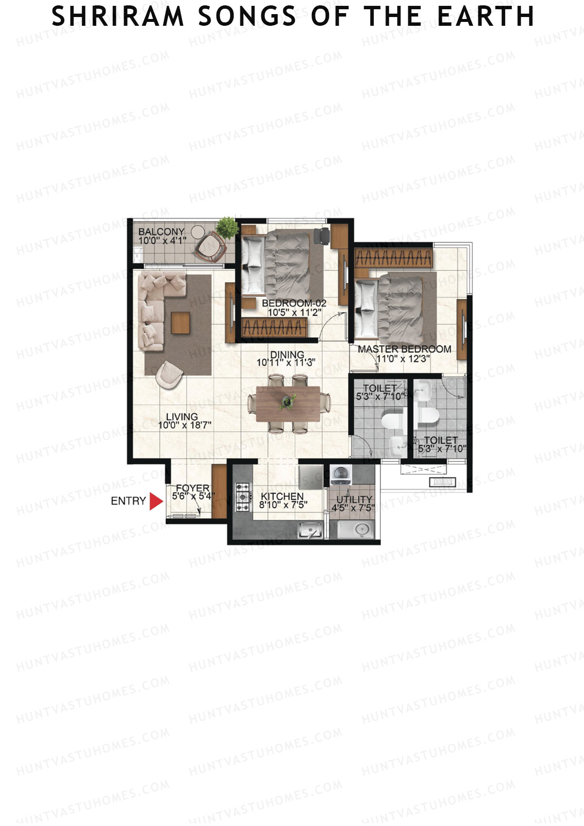 Shriram Songs of the Earth, Tower 4, Unit 1 (Type 1), 2BHK, Super Area 1210   sq ft 