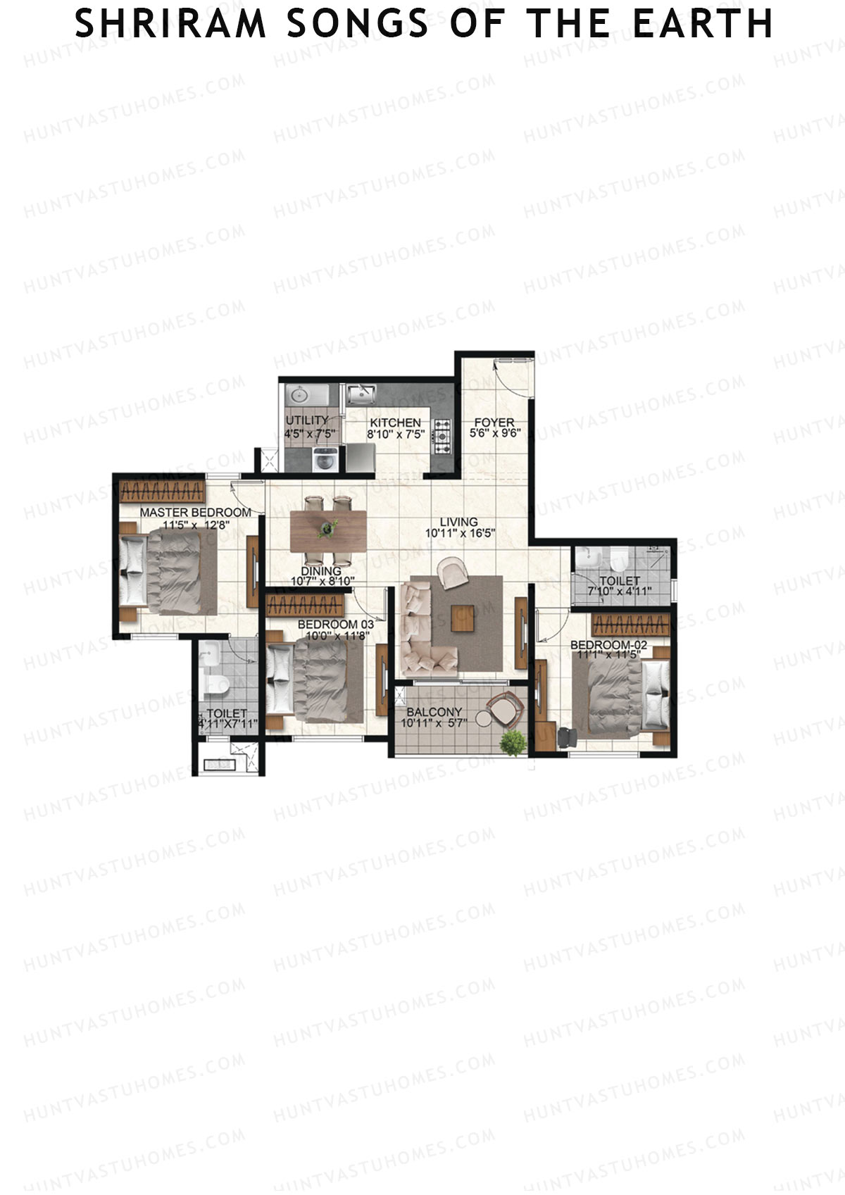 Shriram Songs of the Earth, Tower 4, Unit 3 (Type 2), 3BHK, Super Area 1440   sq ft 