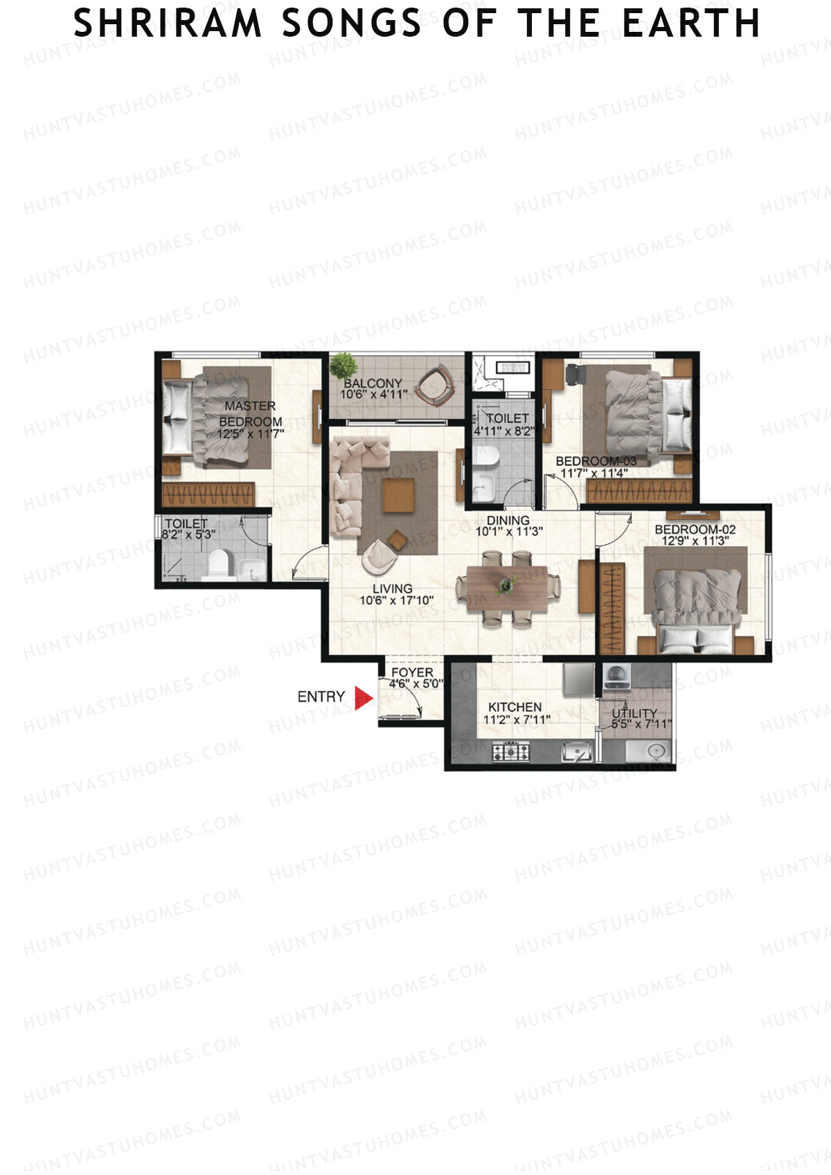 Shriram Songs of the Earth, Tower 5, Unit 1 (Type 2), 3BHK, Super Area 1550   sq ft 