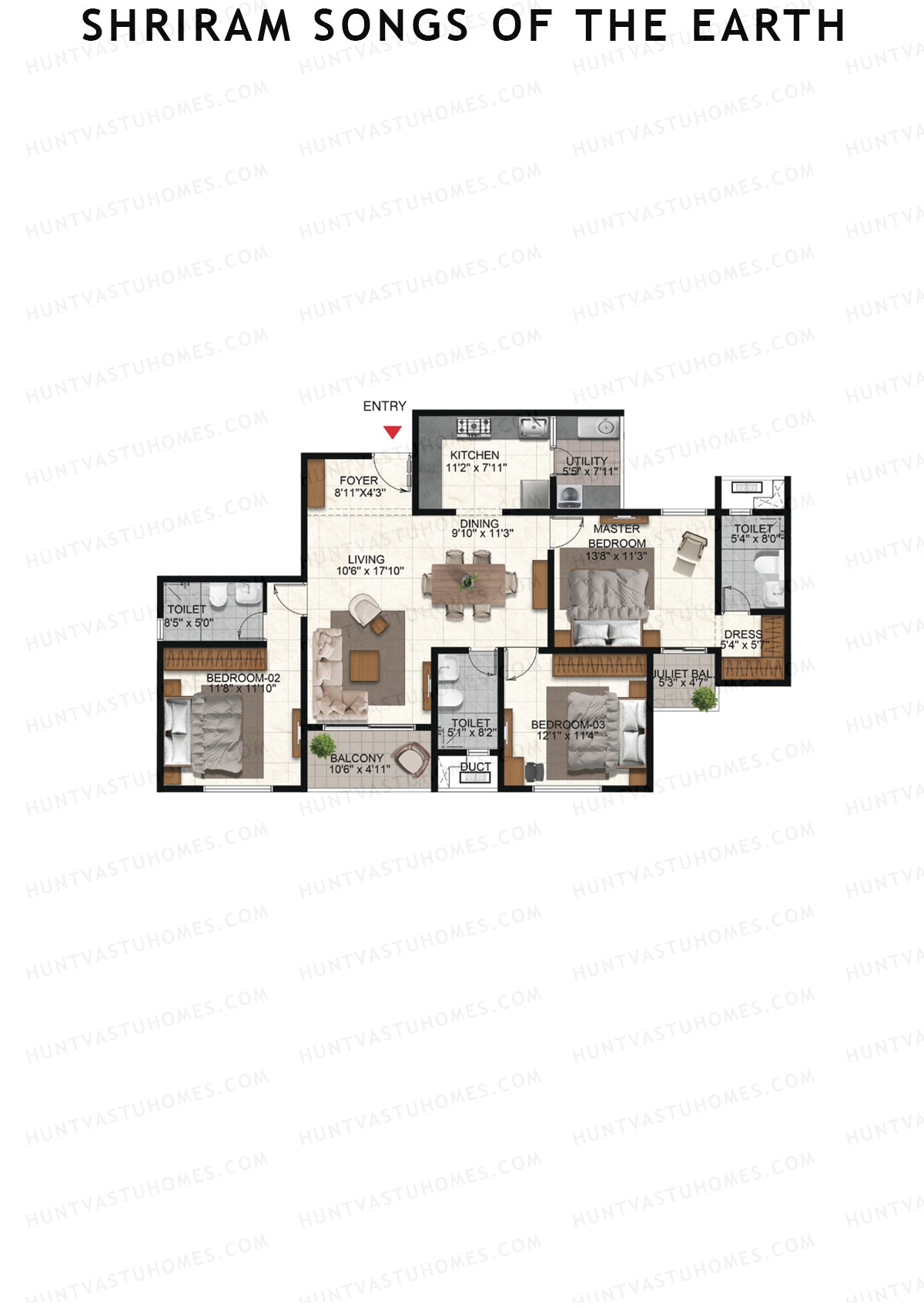 Shriram Songs of the Earth, Tower 5, Unit 2 (Type 3), 3BHK, Super Area 1710   sq ft 