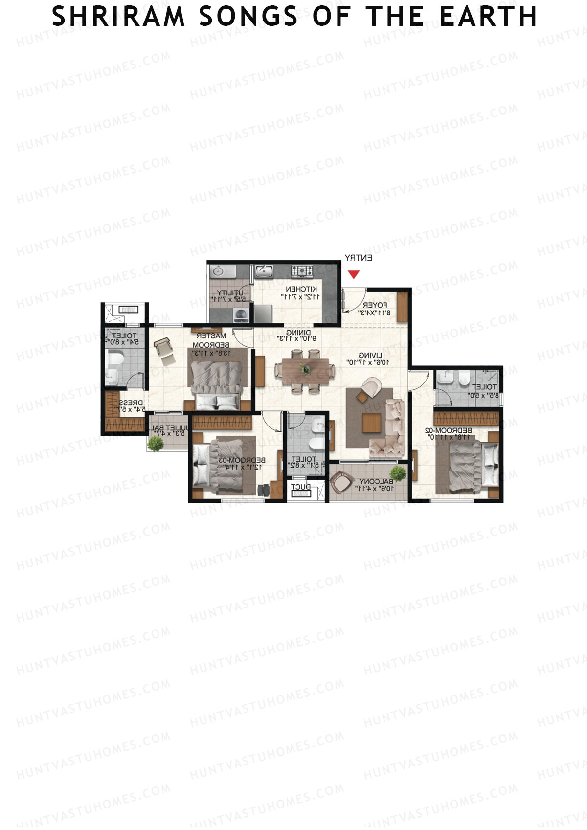 Shriram Songs of the Earth, Tower 6, Unit 3 (Type 3), 3BHK, Super Area 1710   sq ft 