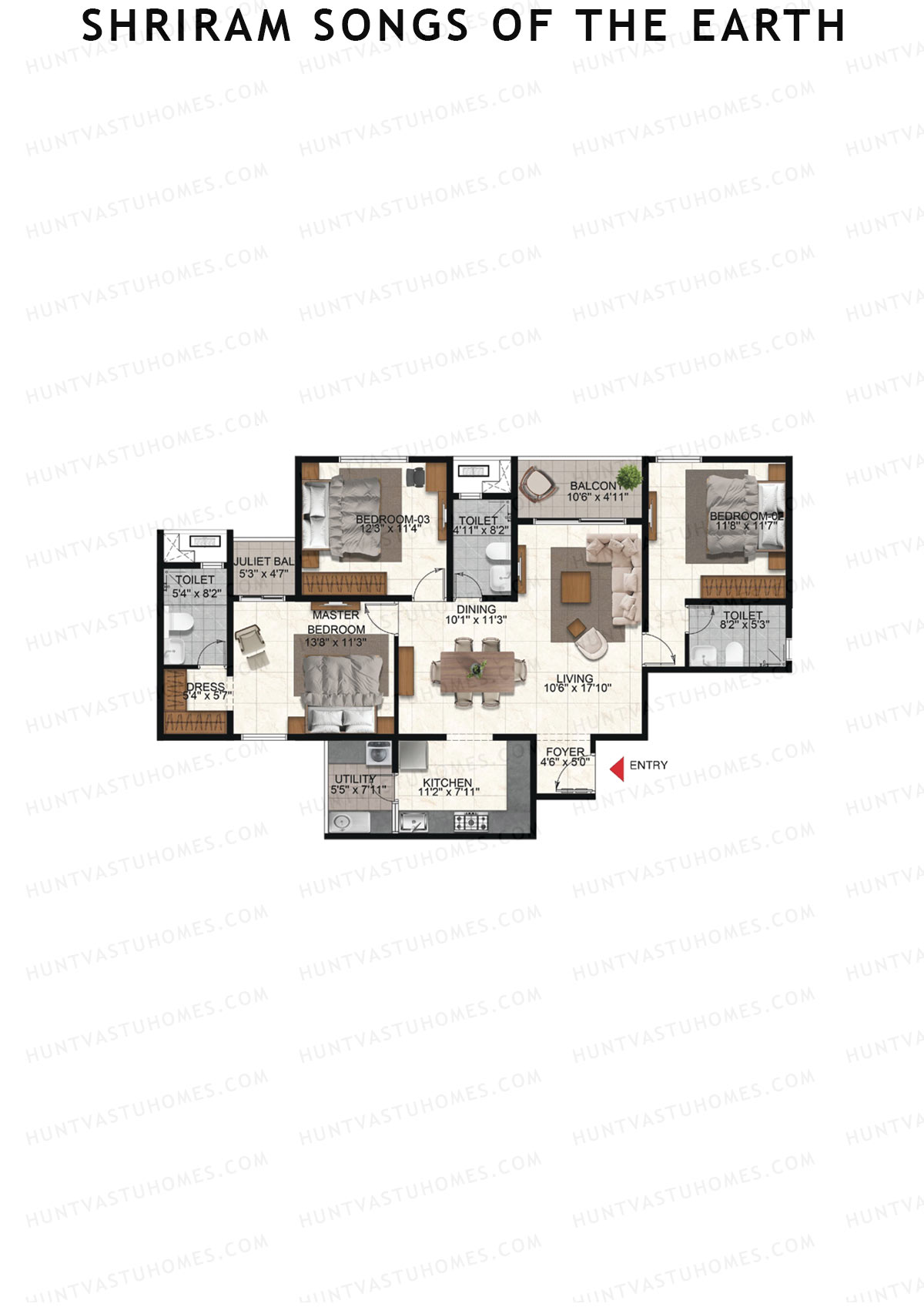 Shriram Songs of the Earth, Tower 6, Unit 4 (Type 4), 3BHK, Super Area 1715   sq ft 