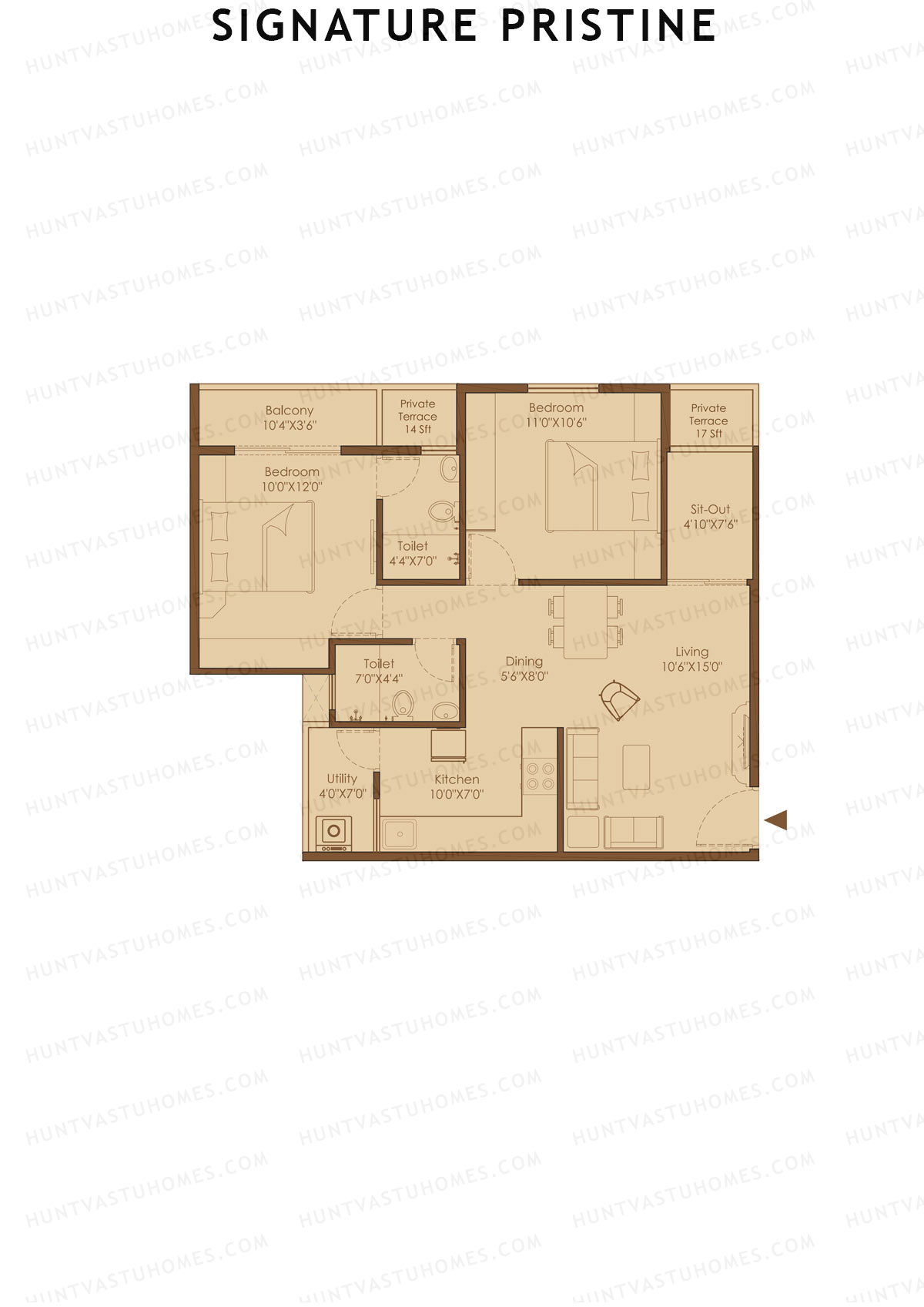 Signature Pristine, Block A, Unit A1, 2BHK, Super Area 981   sq ft 