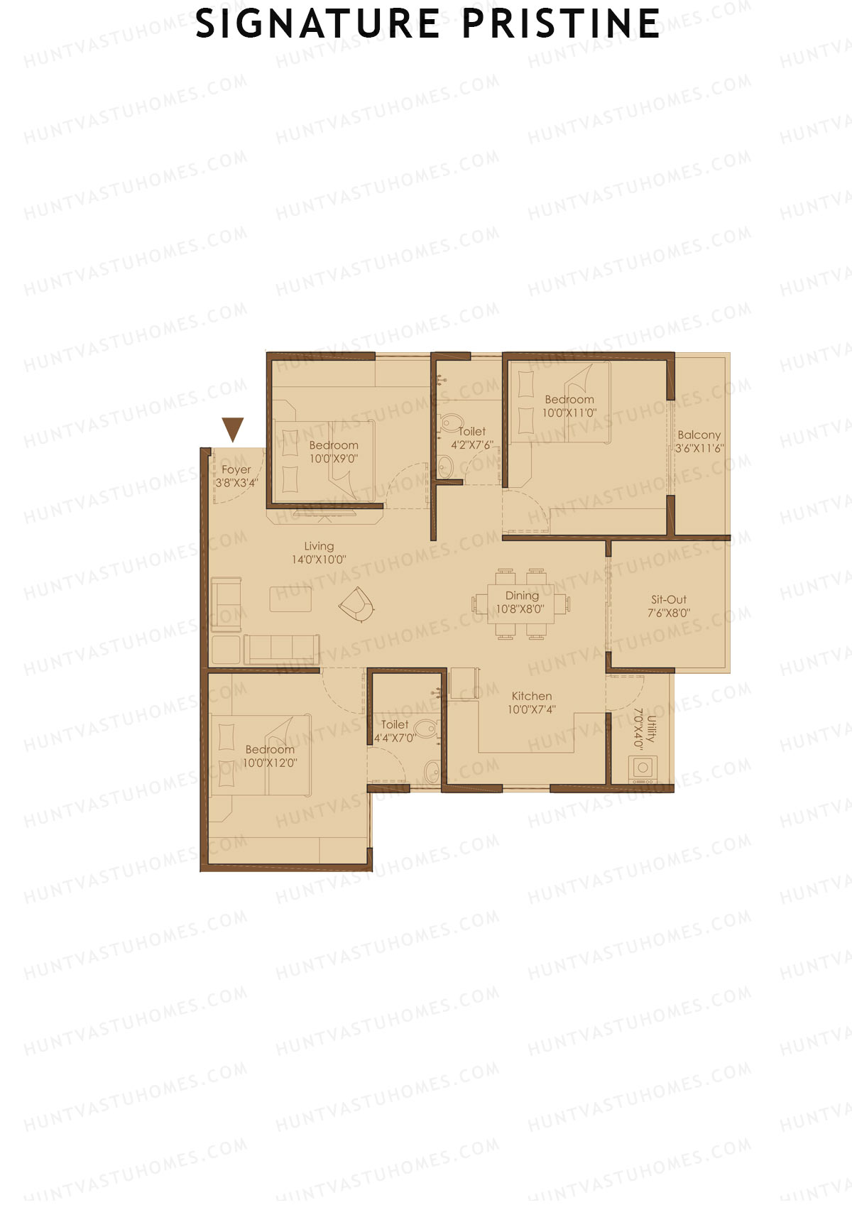 Signature Pristine, Block B, Unit B2, 3BHK, Super Area 1214   sq ft 