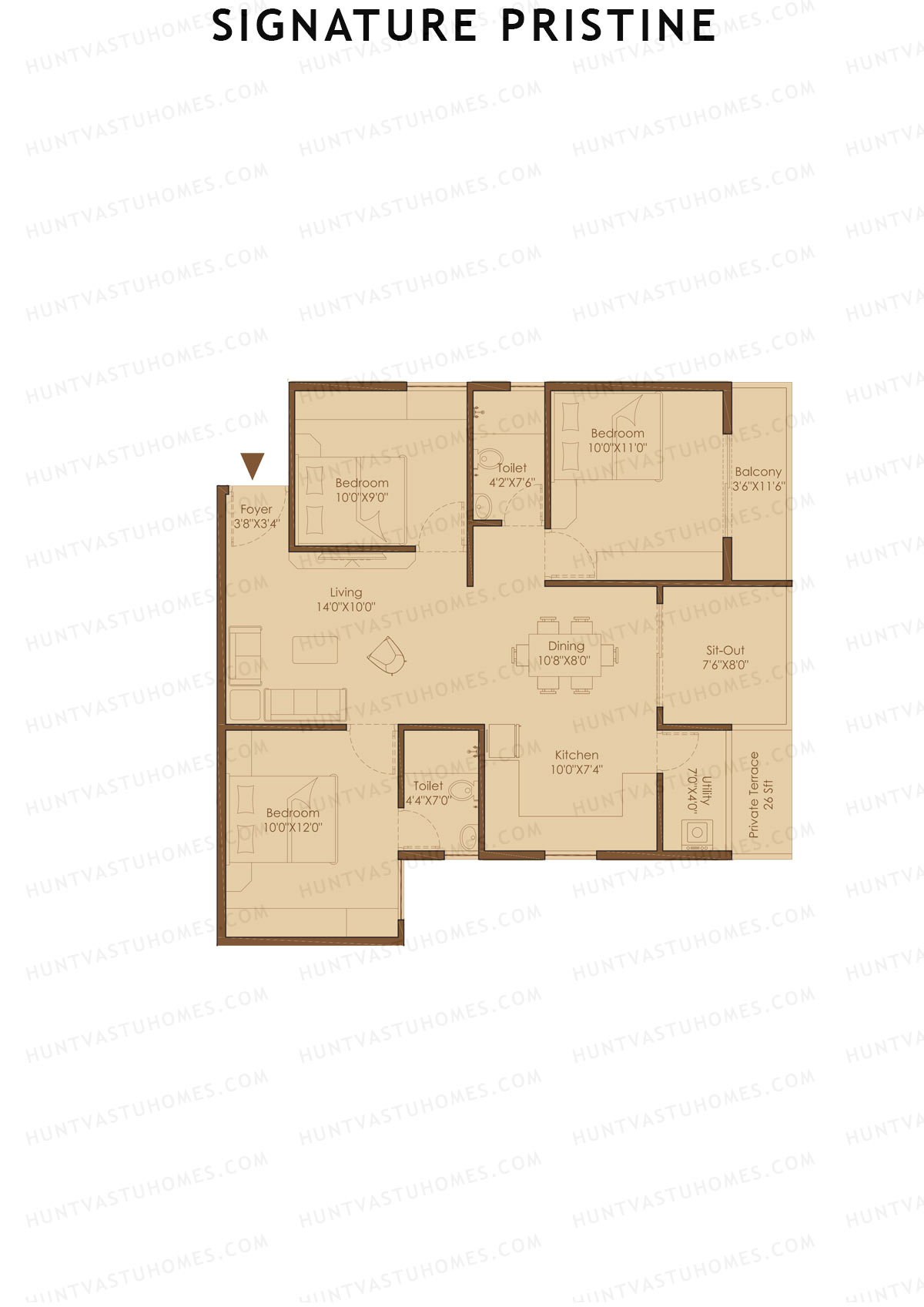 Signature Pristine, Block B, Unit B3, 3BHK, Super Area 1214   sq ft 