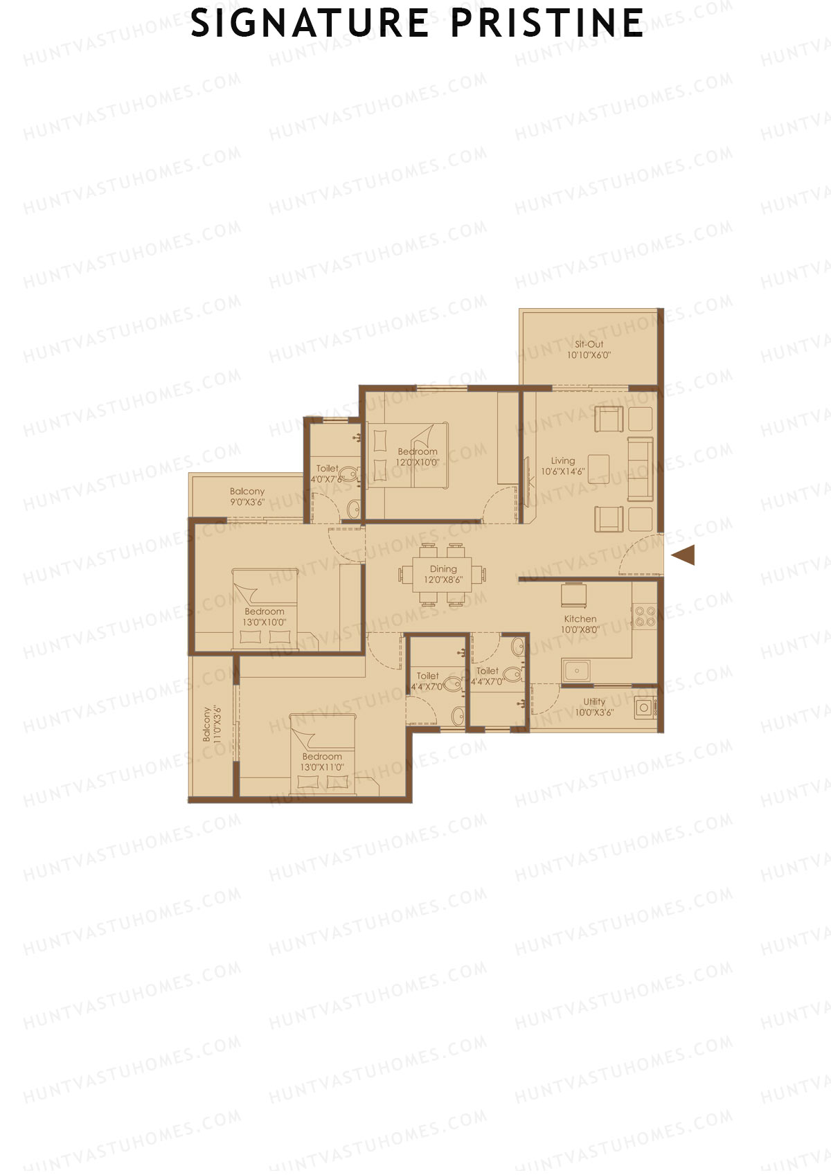 Signature Pristine, Block D, Unit D4, 3BHK, Super Area 1448   sq ft 