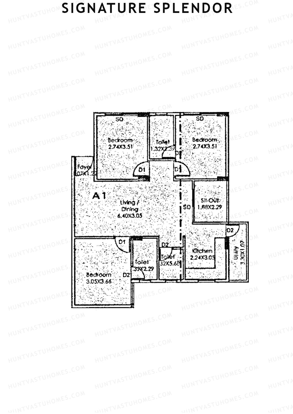 Signature Splendor, Block A, Unit 1, 3BHK, Carpet Area 744   sq ft 