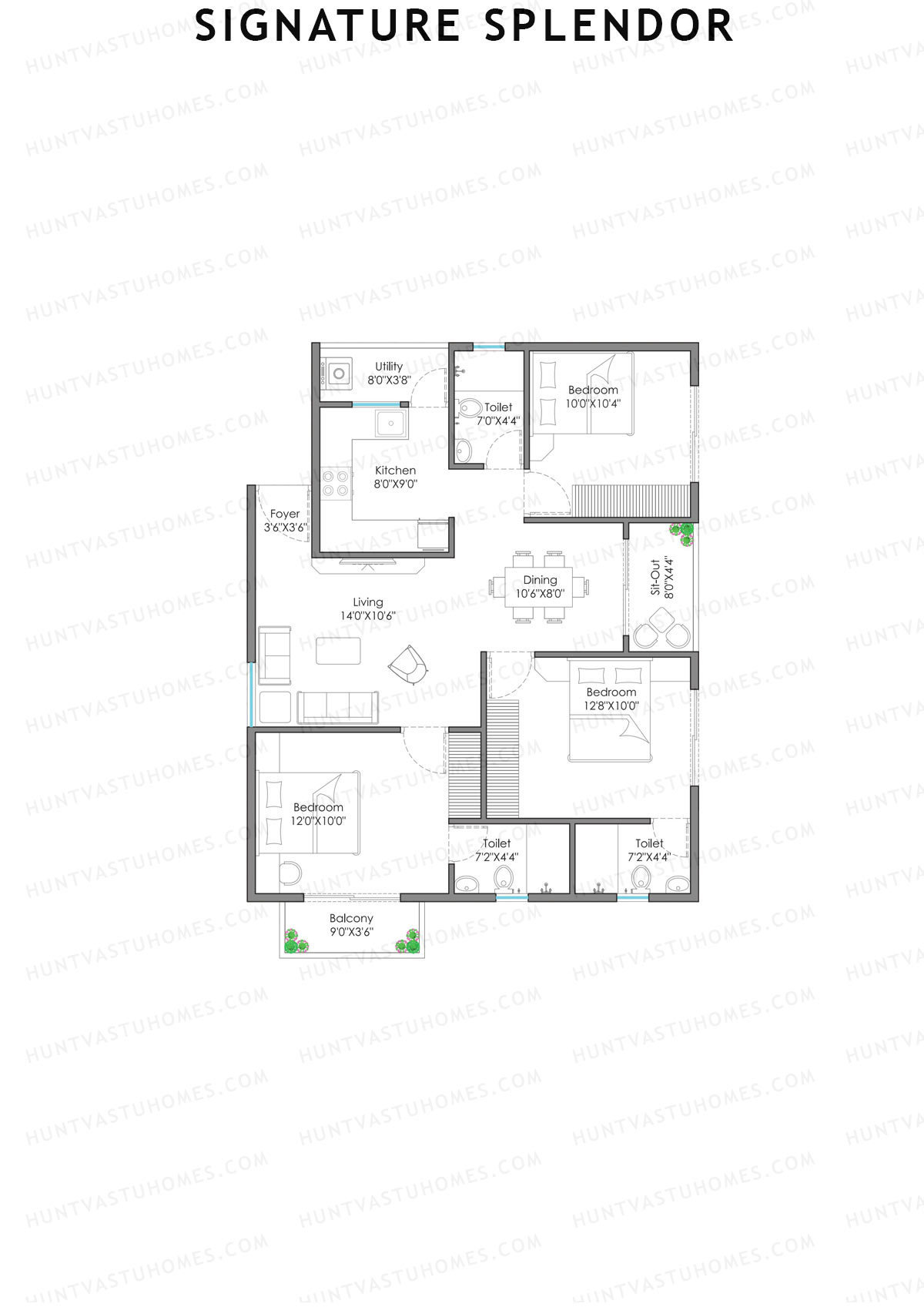 Signature Splendor, Block A, Unit 9, 3BHK, Carpet Area 785   sq ft 