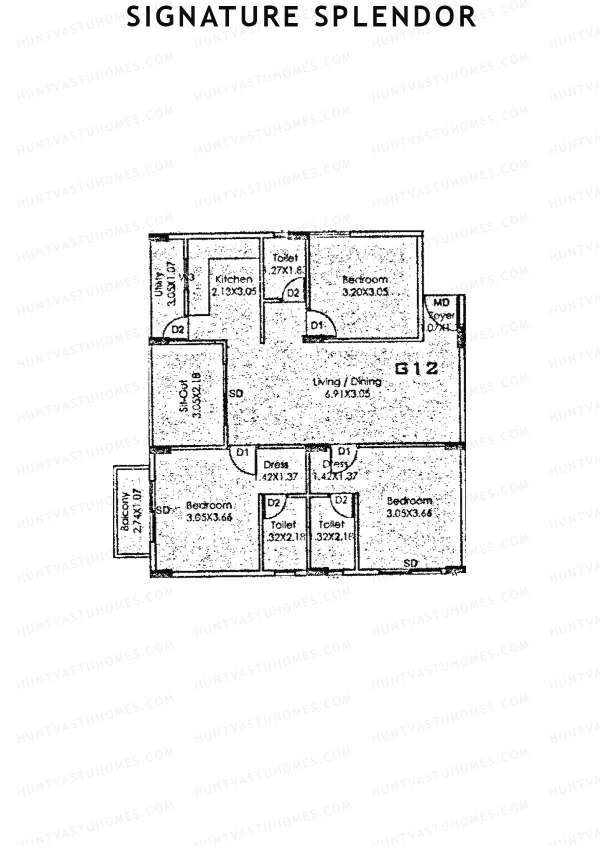 Signature Splendor, Block G, Unit 8, 3BHK, Carpet Area 812   sq ft 