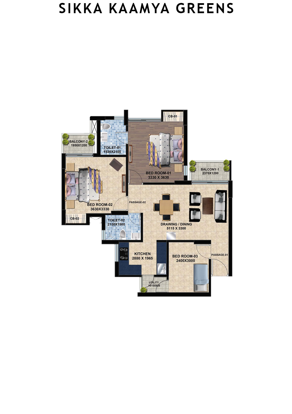 Sikka Kaamya Greens Tower Opal Unit 2 (Type C) Floor Plan