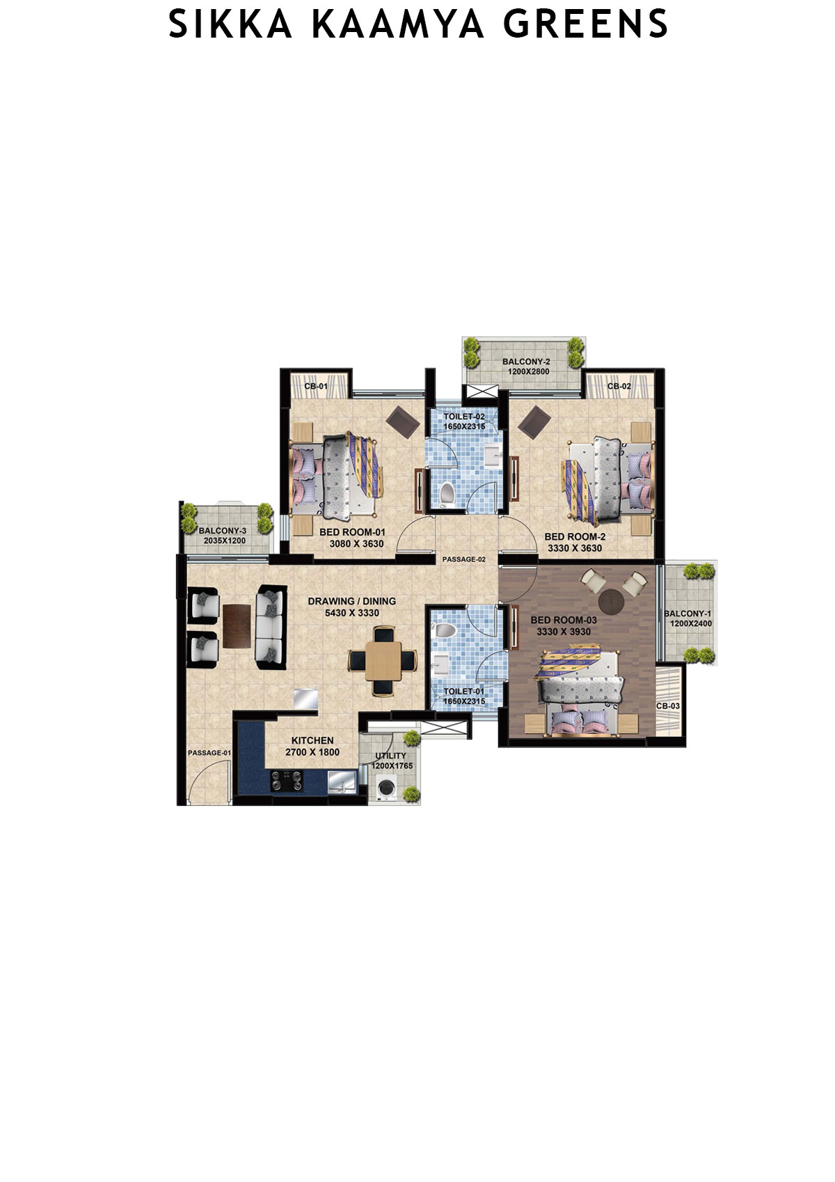 Sikka Kaamya Greens Tower Opal Unit 3 (Type D) Floor Plan