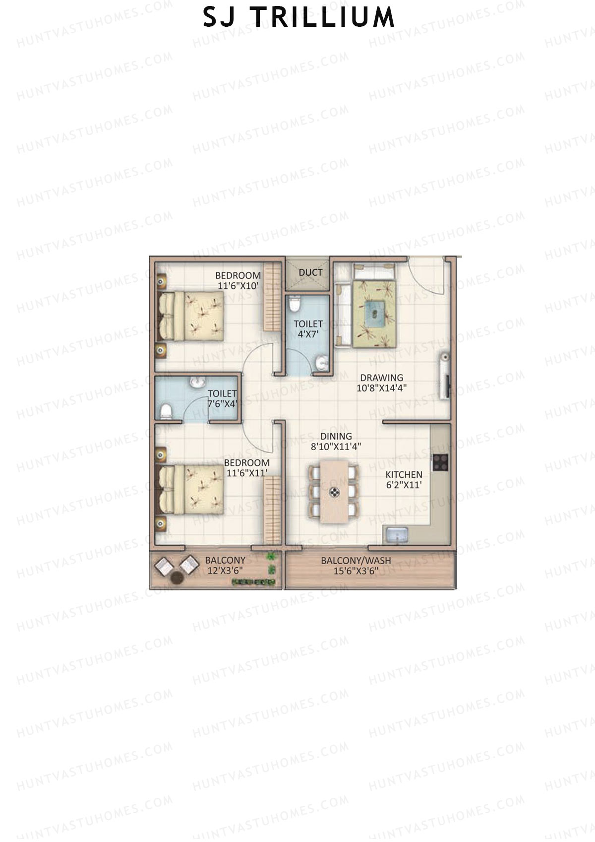 SJ Trillium, Block A, Unit 10, 2BHK, Super Area 1060   sq ft 