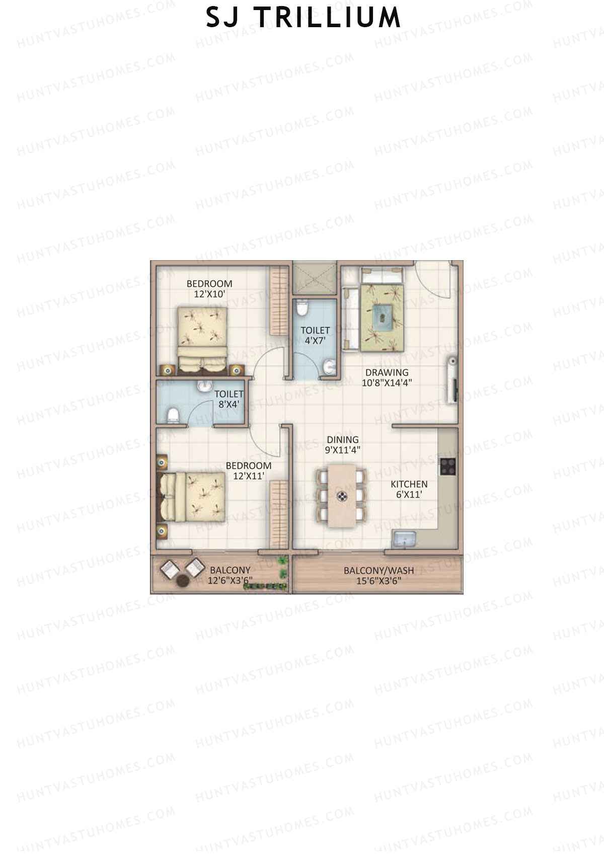 SJ Trillium, Block A, Unit 11, 2BHK, Super Area 1080   sq ft 