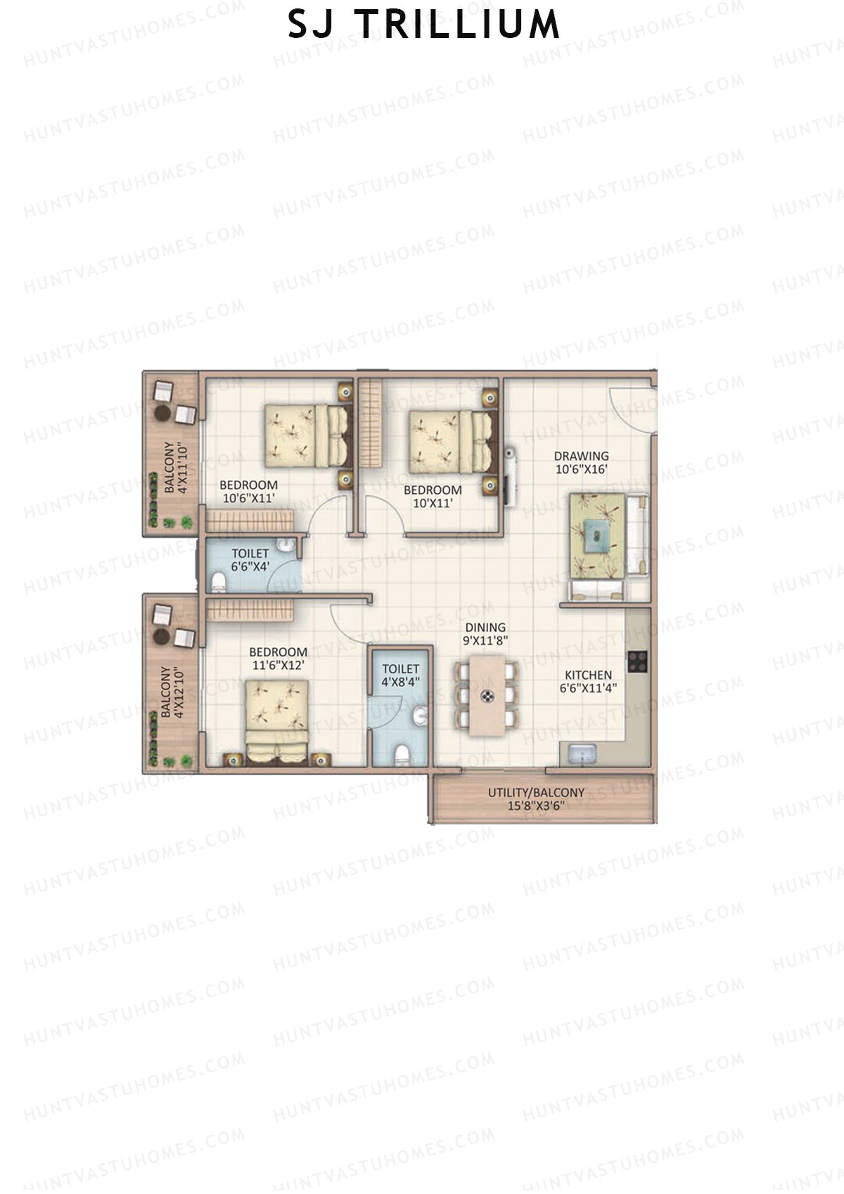 SJ Trillium, Block A, Unit 14, 3BHK, Super Area 1400   sq ft 