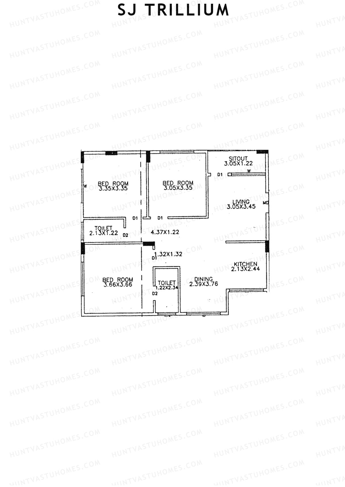 SJ Trillium, Block A, Unit 1, 3BHK, Super Area 1200   sq ft 