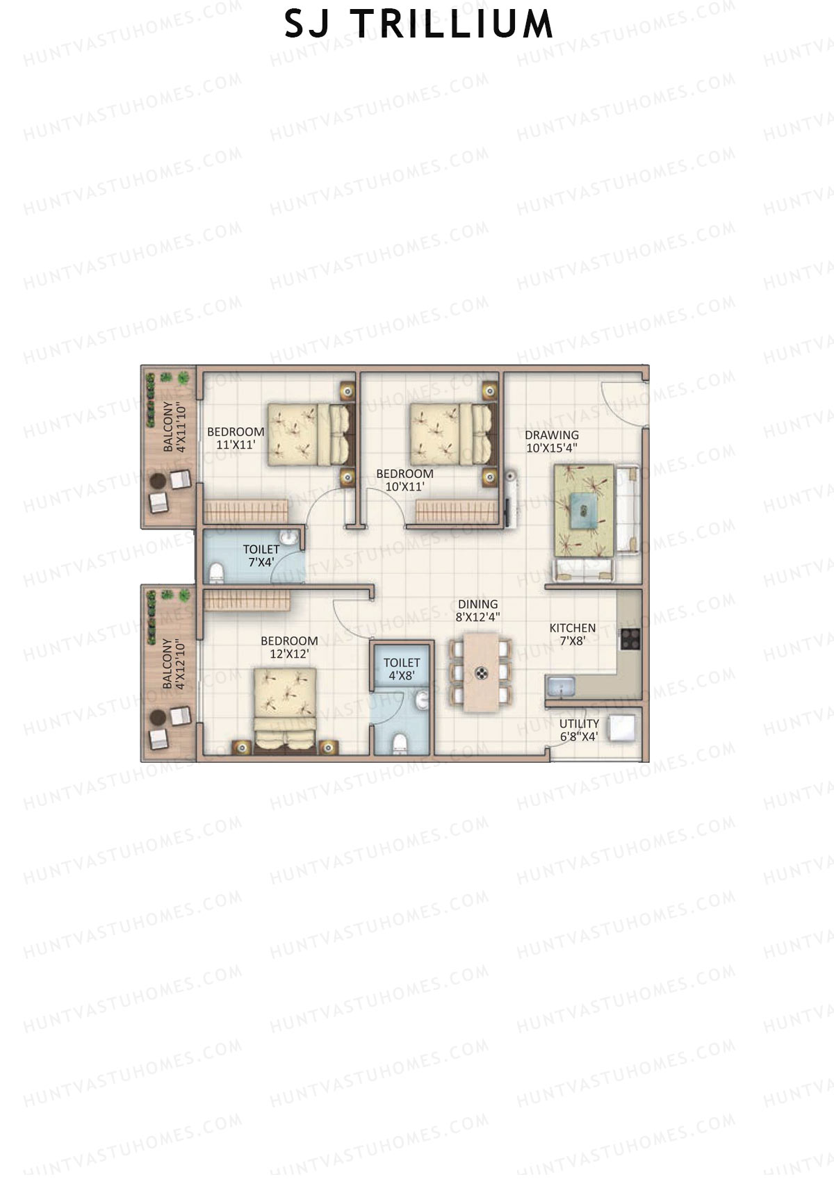 SJ Trillium, Block A, Unit 1, 3BHK, Super Area 1325   sq ft 