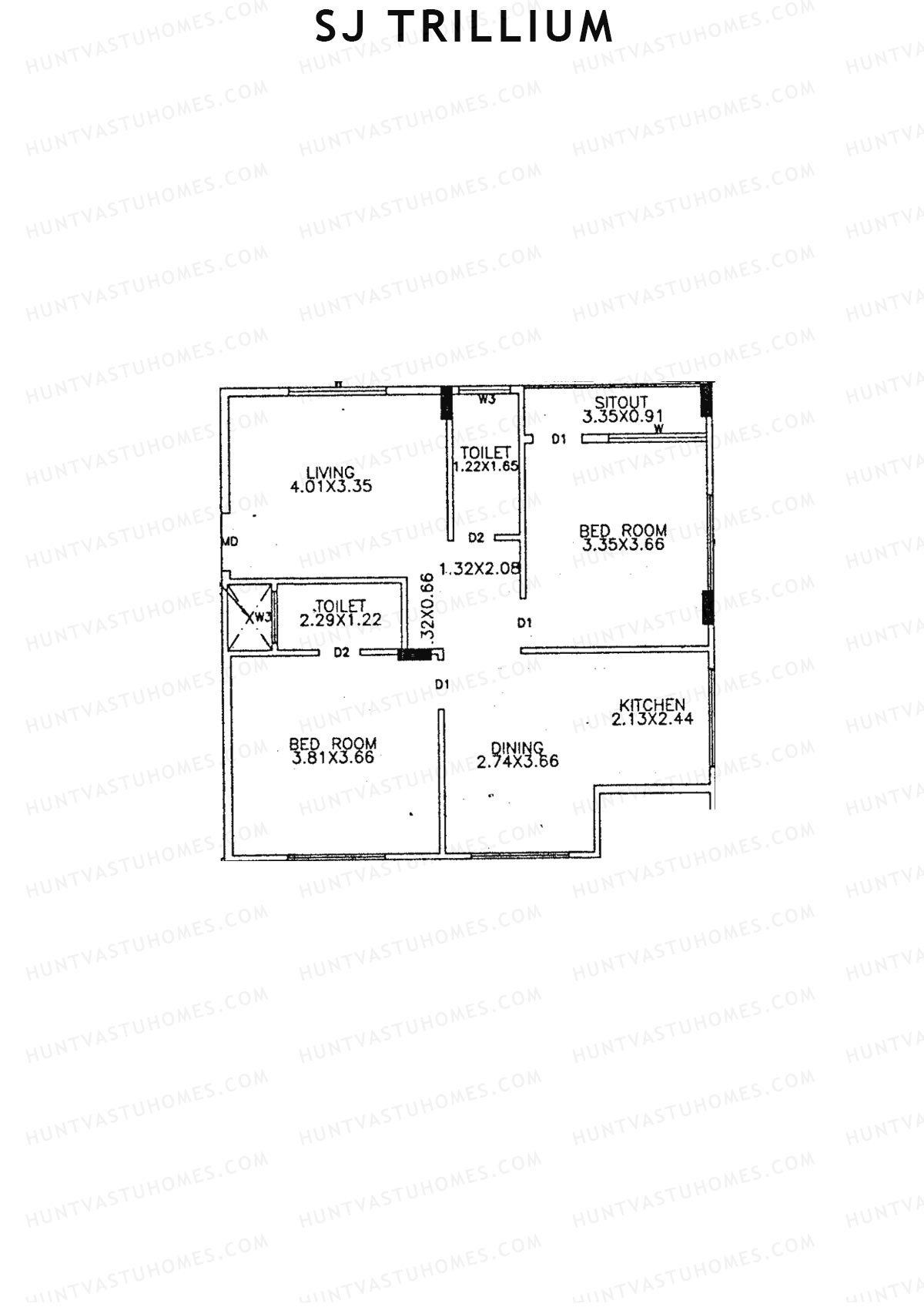 SJ Trillium, Block A, Unit 2, 2BHK, Super Area 1095   sq ft 