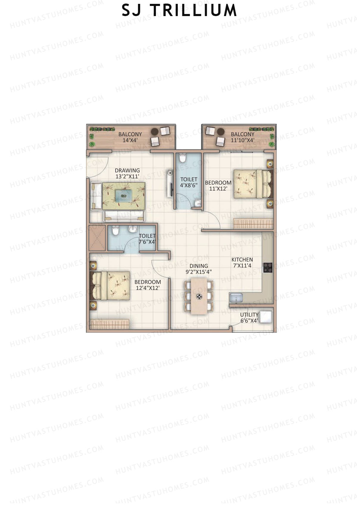 SJ Trillium, Block A, Unit 2, 2BHK, Super Area 1215   sq ft 