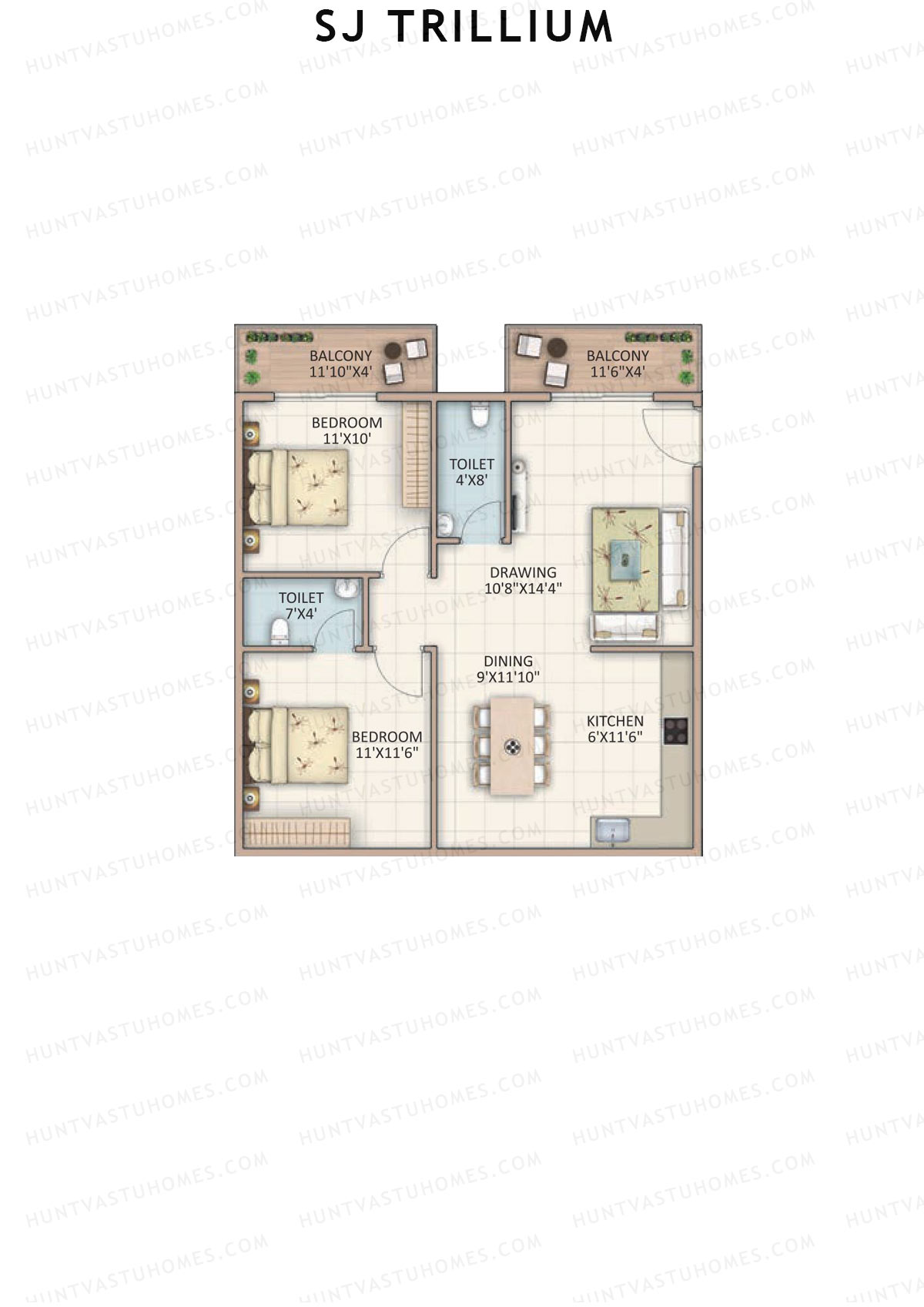 SJ Trillium, Block A, Unit 3, 2BHK, Super Area 1070   sq ft 